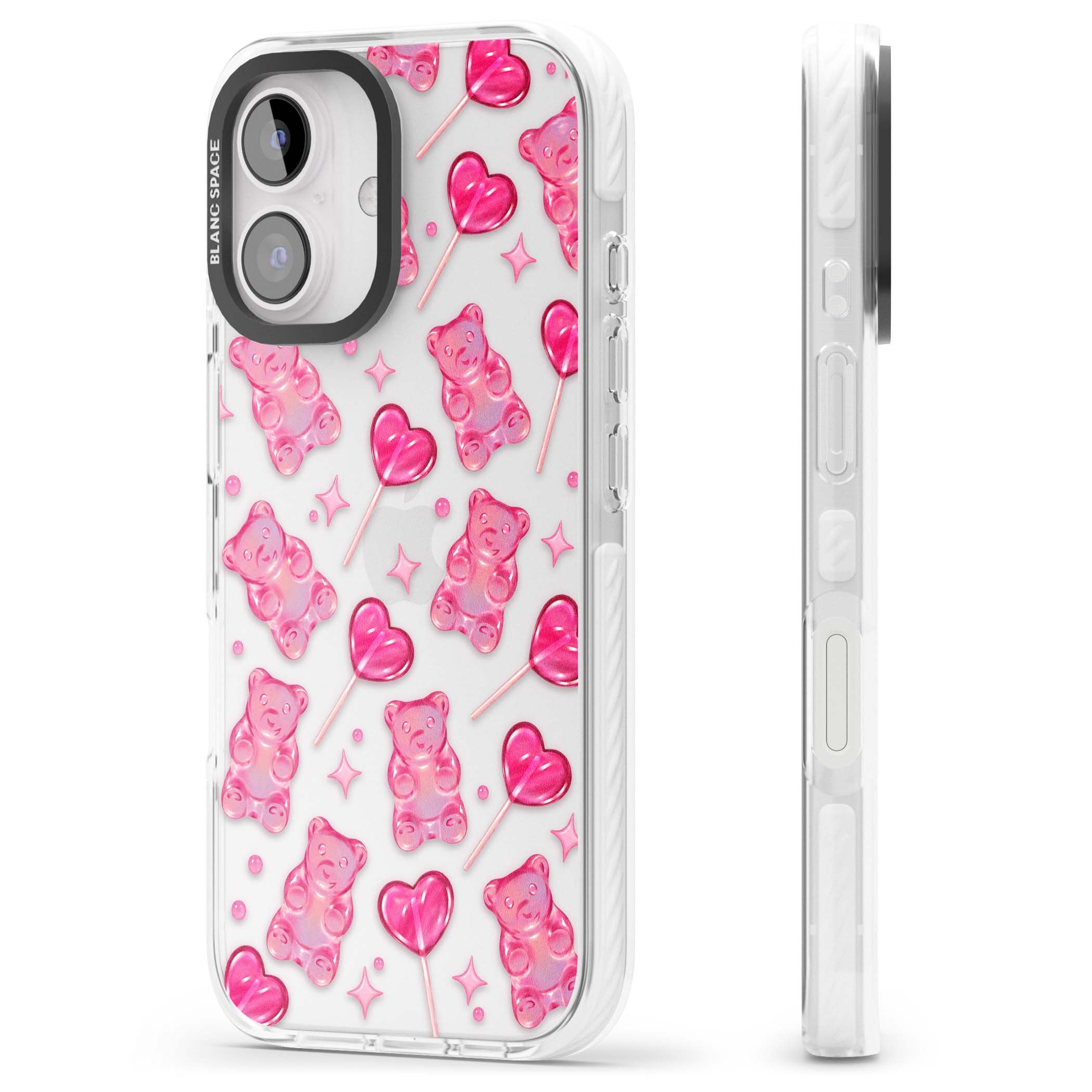 Pink Sugar pinkcore iPhone case featuring pink gummy bears, heart-shaped lollipops and sparkle stars | Clear Impact case for iPhone 16, iPhone 16 Plus