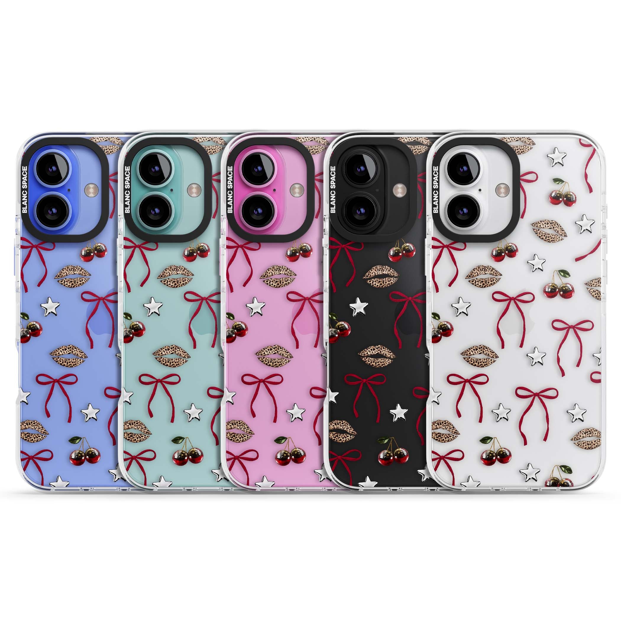 Starlet coquette iPhone case featuring red ribbon bows, disco cherries and leopard-print lips | Clear Impact case for iPhone 16, iPhone 16 Plus