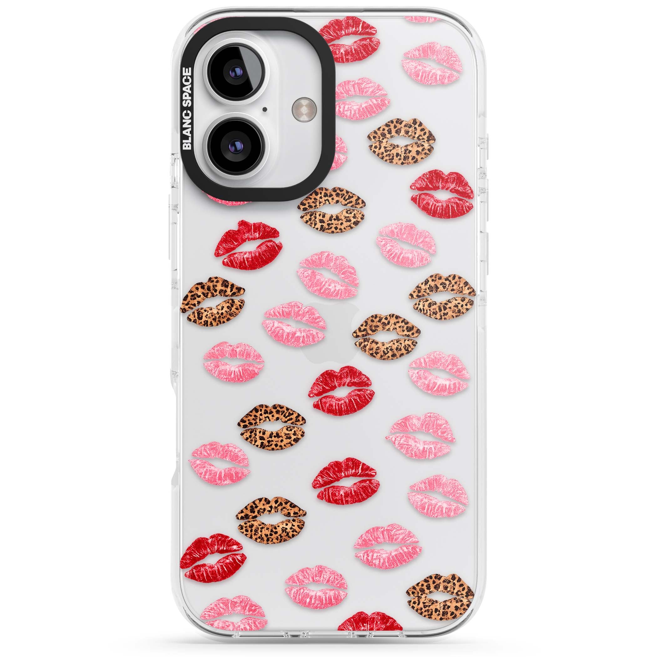 Wild Kisses coquette iPhone case featuring red, pink and leopard print lipstick kiss marks on a clear background | Clear Impact case for iPhone 16, iPhone 16 Plus