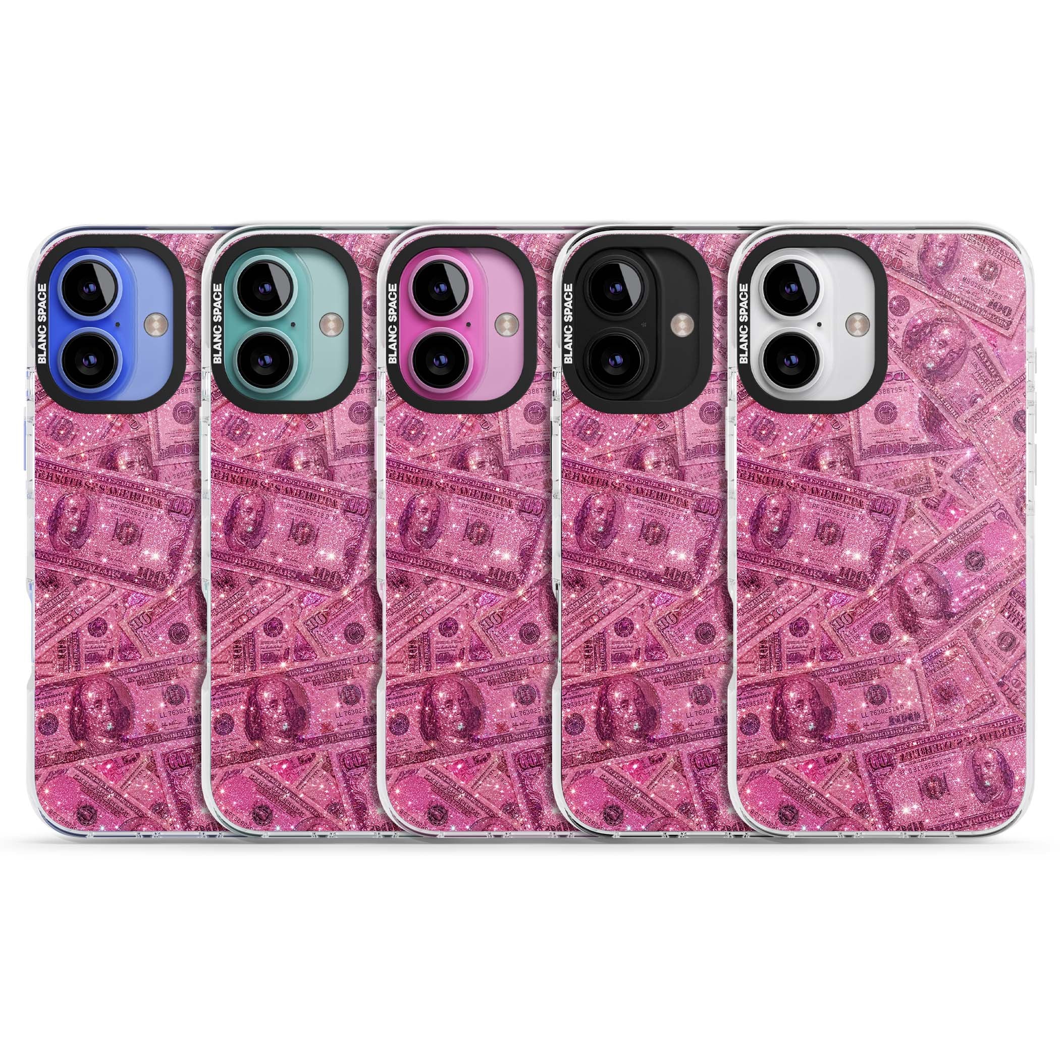 Glamorous baddie iPhone case featuring pink glitter hundred dollar bills and sparkling money wallpaper design | Clear Impact case for iPhone 16, iPhone 16 Plus