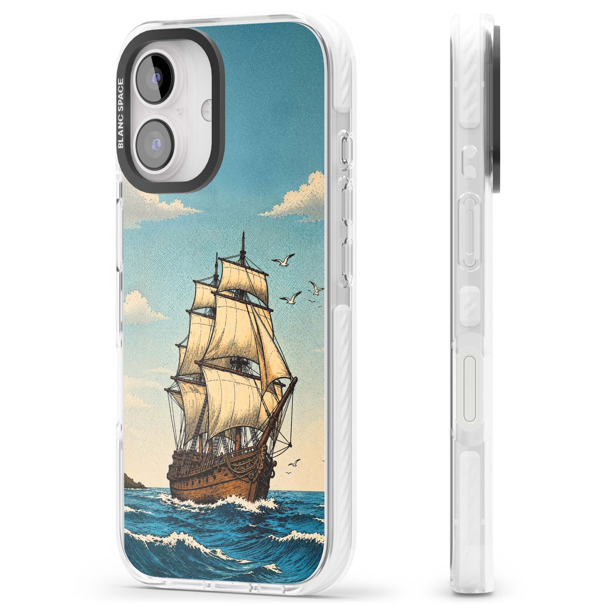 Ship at Sea nautical iPhone case featuring a vintage tall ship, ocean waves and seagulls | Clear Impact case for iPhone 16, iPhone 16 Plus