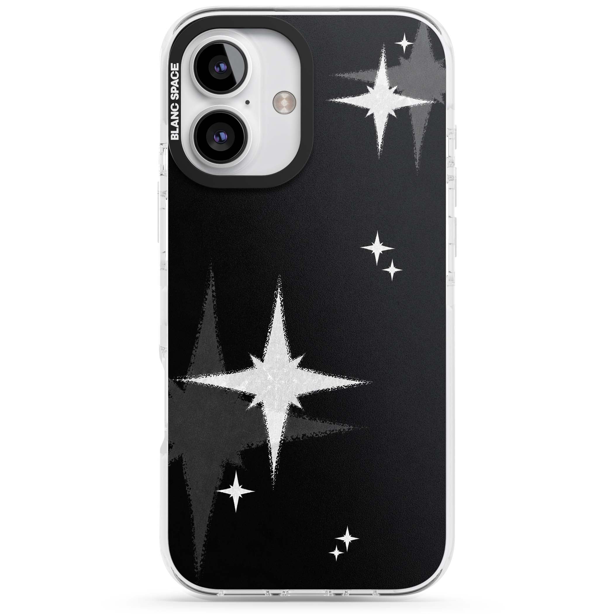 Black Sparkle celestial iPhone case featuring white sparkle stars on a black night sky background | Clear Impact case for iPhone 16, iPhone 16 Plus