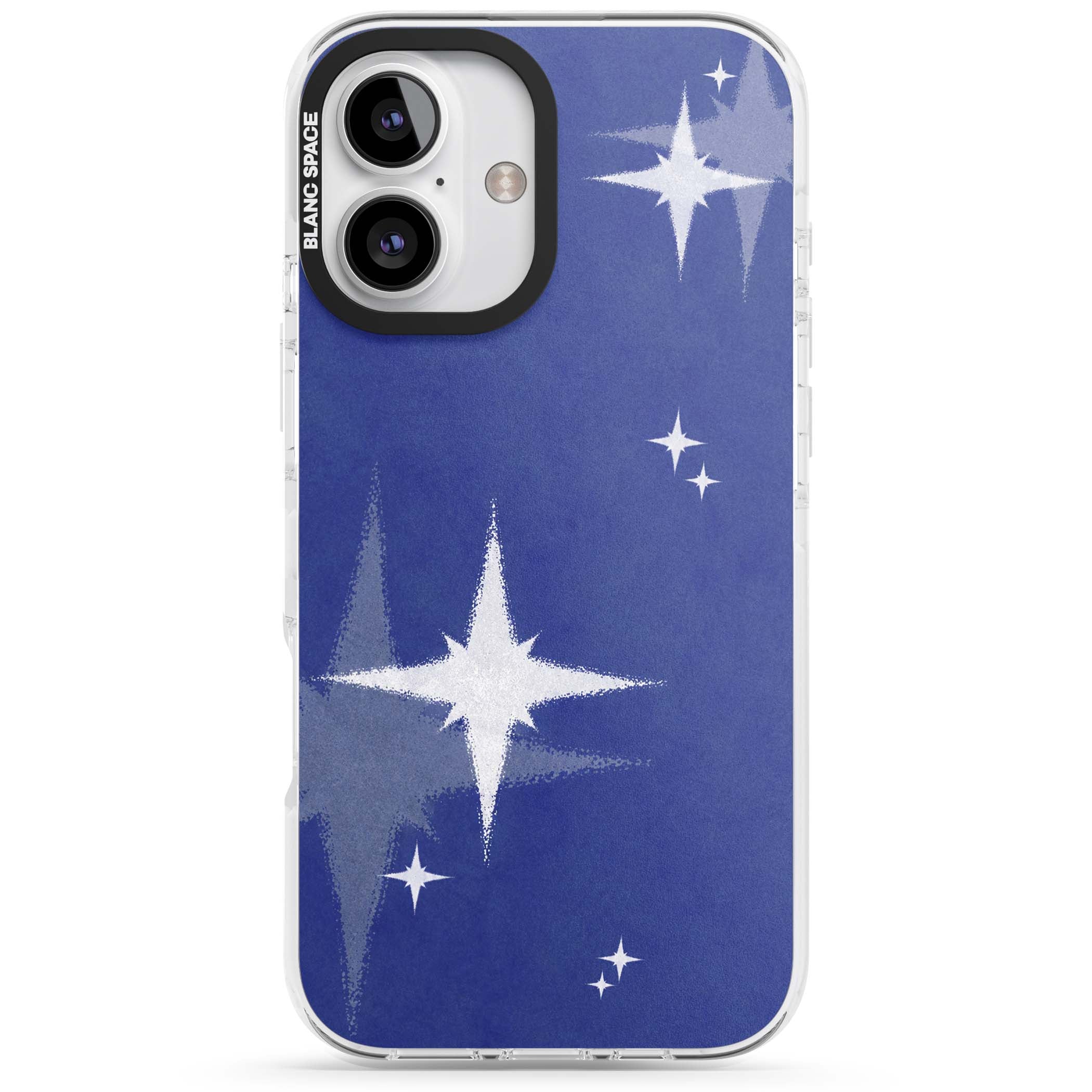 Blue Sparkle celestial iPhone case featuring sparkling silver stars on a deep blue painterly night sky | Clear Impact case for iPhone 16, iPhone 16 Plus