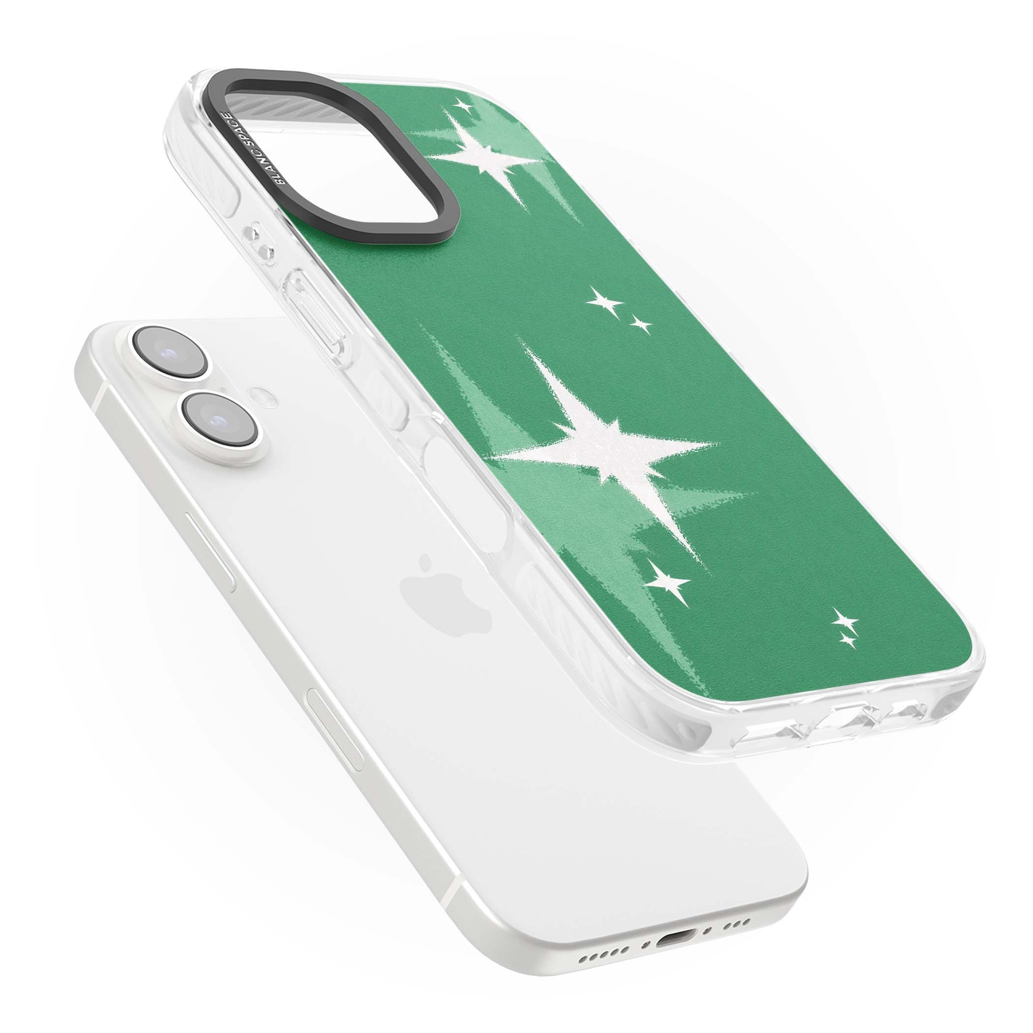 Green Sparkle celestial iPhone case featuring sparkling white four-point stars on a deep green background | Clear Impact case for iPhone 16, iPhone 16 Plus