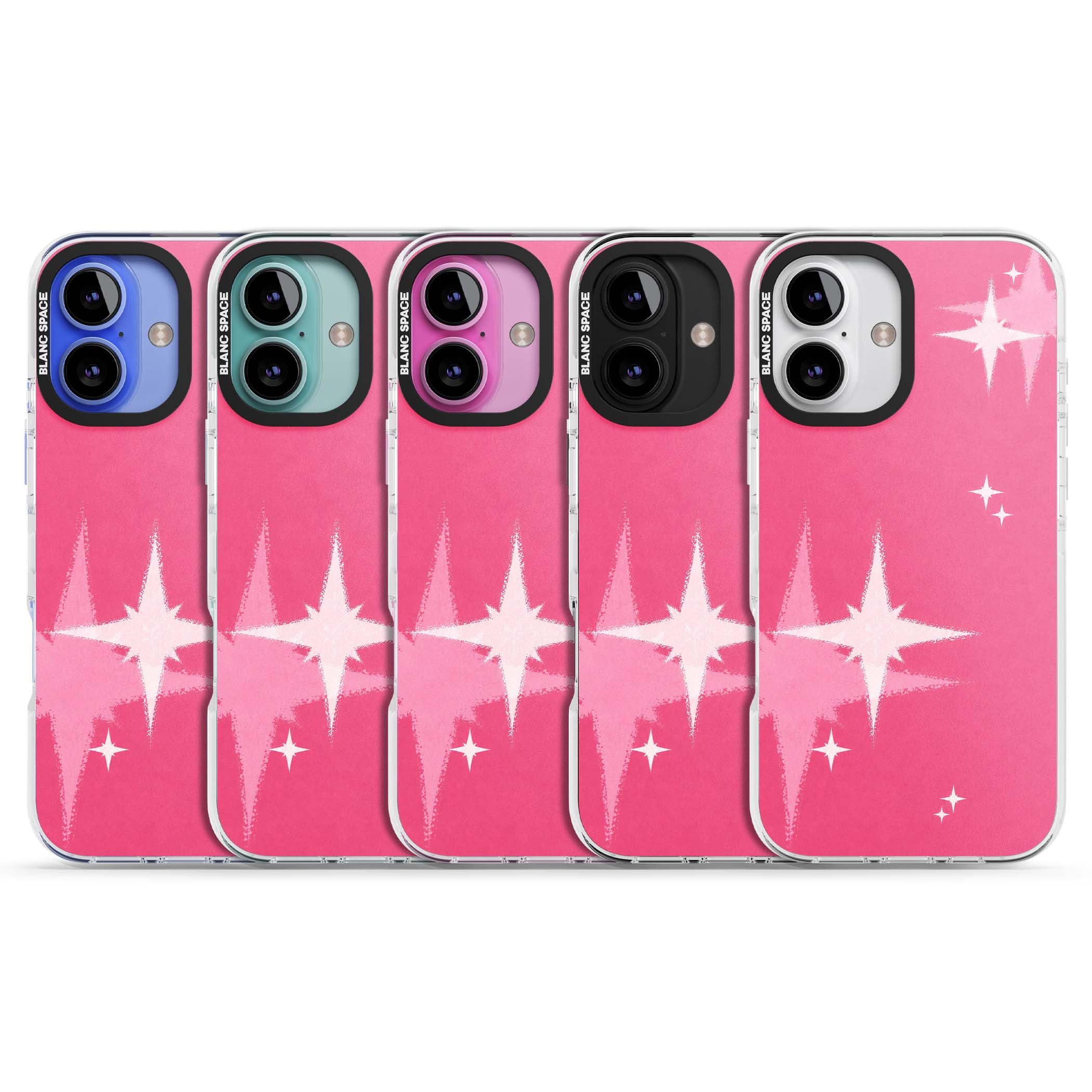 Pink Sparkle Y2K iPhone case featuring hot pink background with shimmering white starburst pattern | Clear Impact case for iPhone 16, iPhone 16 Plus