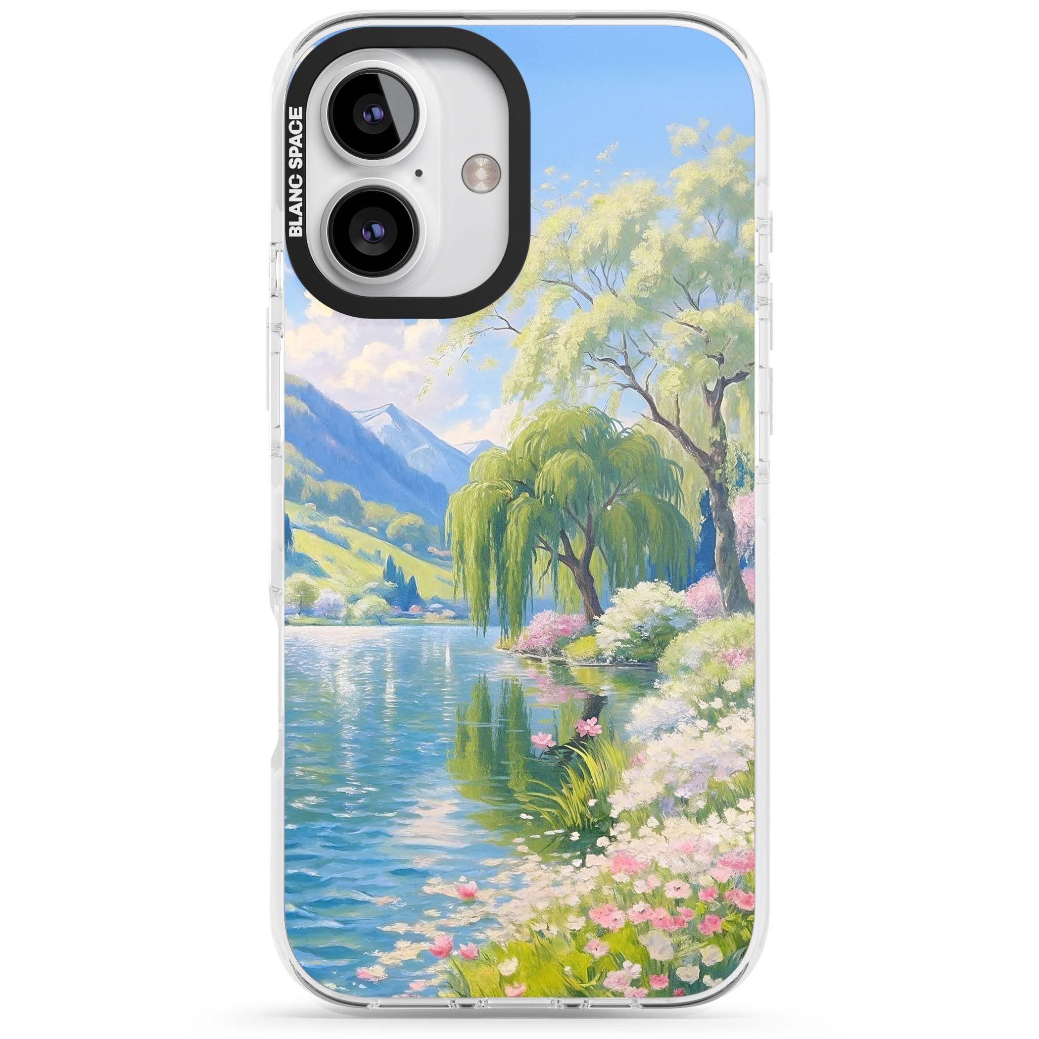 Willow Lake cottagecore iPhone case featuring a painted lakeside with weeping willow, blossoms and distant mountains | Clear Impact case for iPhone 16, iPhone 16 Plus