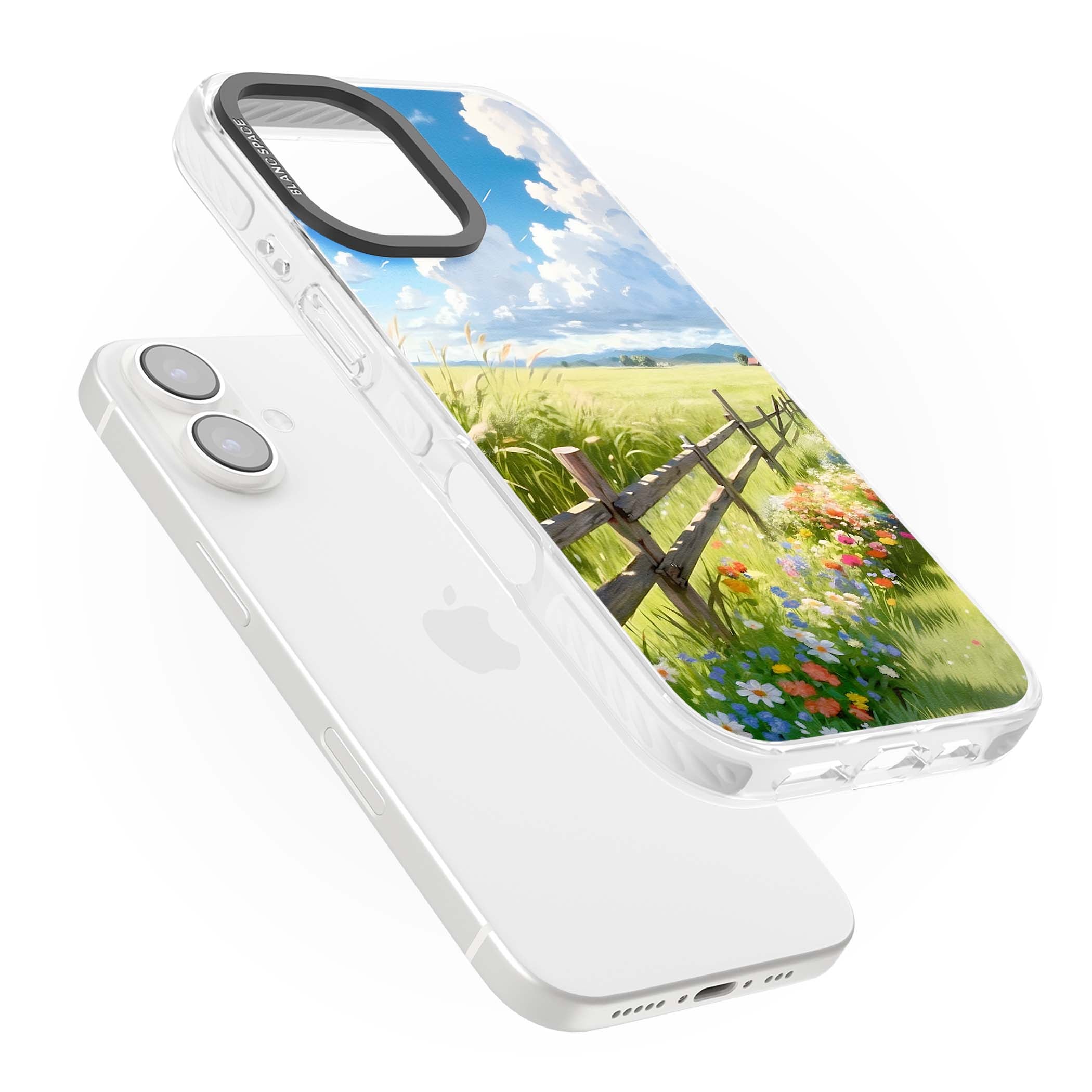 A Countryside Afternoon cottagecore iPhone case featuring a painted countryside meadow, wooden fence, and wildflowers beneath | Clear Impact case for iPhone 16, iPhone 16 Plus