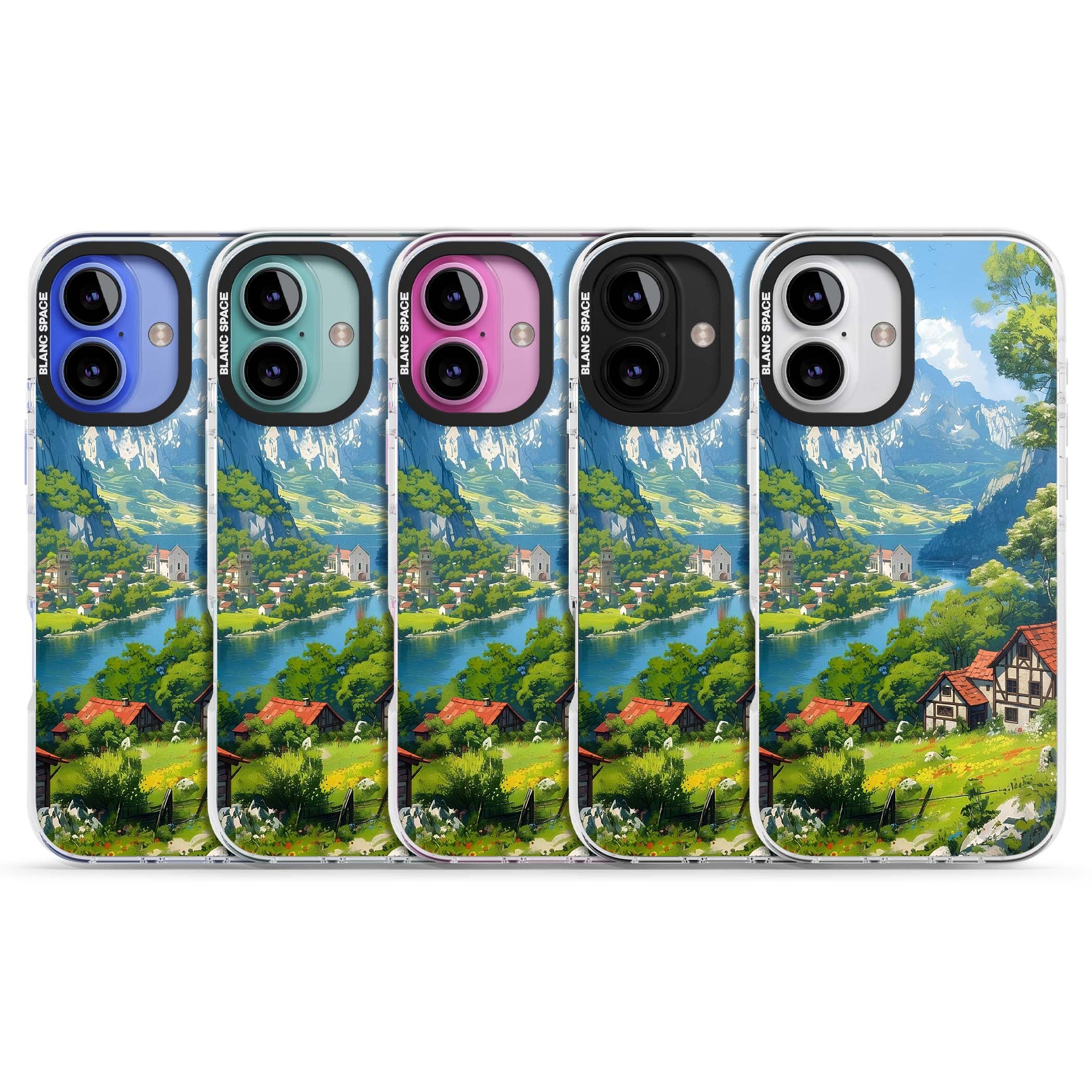 Village In The Valley anime iPhone case featuring a painted mountain village, river valley and half-timbered cottages. | Clear Impact case for iPhone 16, iPhone 16 Plus