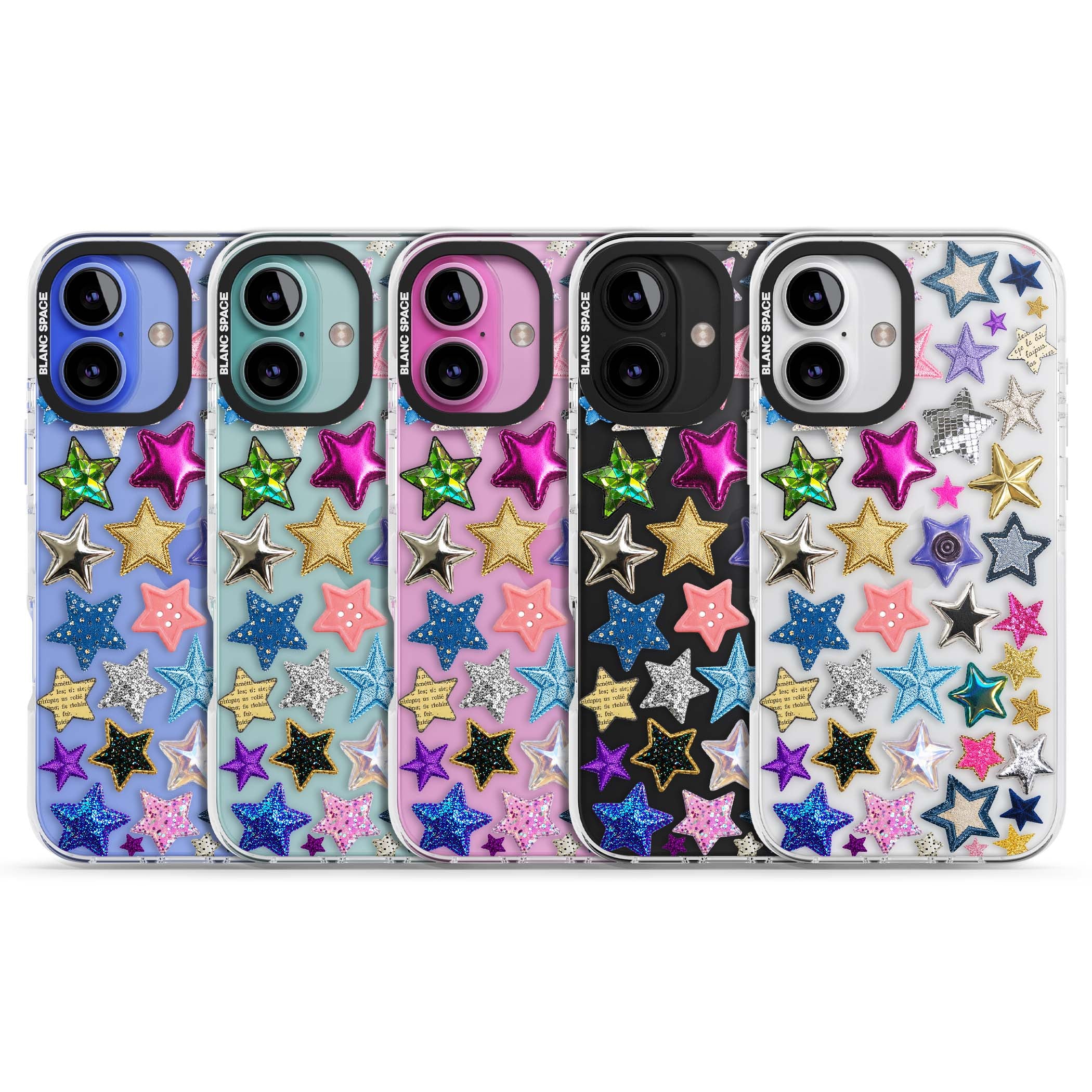 Crafty Star Mix Y2K iPhone case featuring embroidered, sequinned and glitter star patches in rainbow colours | Clear Impact case for iPhone 16, iPhone 16 Plus