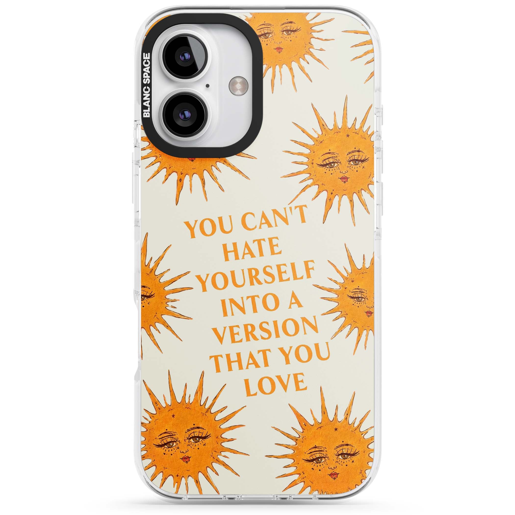 Don't Hate Yourself celestial iPhone case featuring vintage sun faces, ochre rays and a self-love quote | Clear Impact case for iPhone 16, iPhone 16 Plus