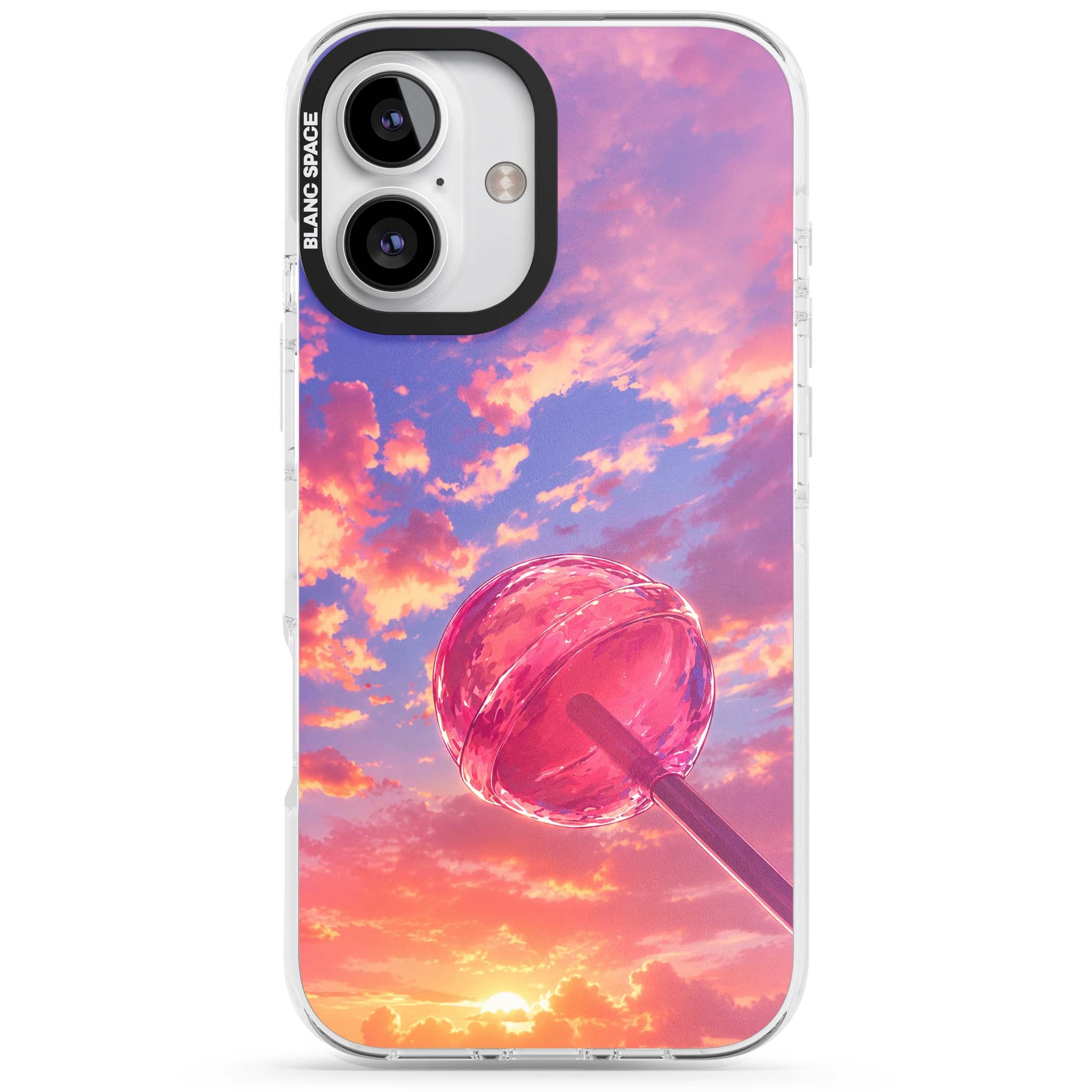 Sugar Sunset candy aesthetic iPhone case featuring a pink lollipop, pastel sunset sky and dreamy clouds | Clear Impact case for iPhone 16, iPhone 16 Plus