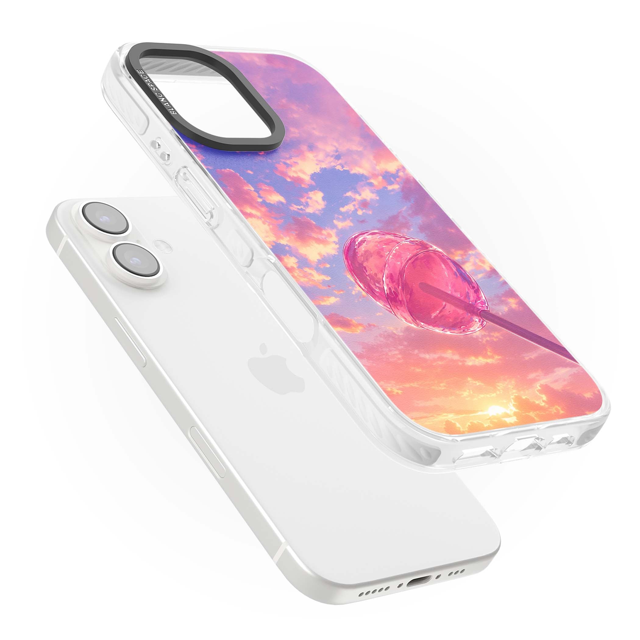 Sugar Sunset candy aesthetic iPhone case featuring a pink lollipop, pastel sunset sky and dreamy clouds | Clear Impact case for iPhone 16, iPhone 16 Plus
