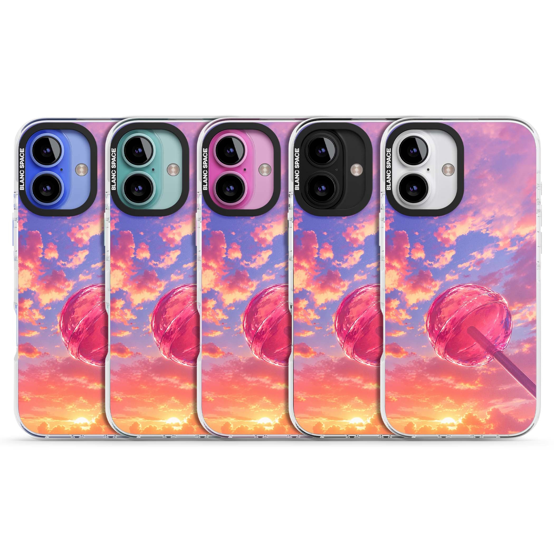 Sugar Sunset candy aesthetic iPhone case featuring a pink lollipop, pastel sunset sky and dreamy clouds | Clear Impact case for iPhone 16, iPhone 16 Plus
