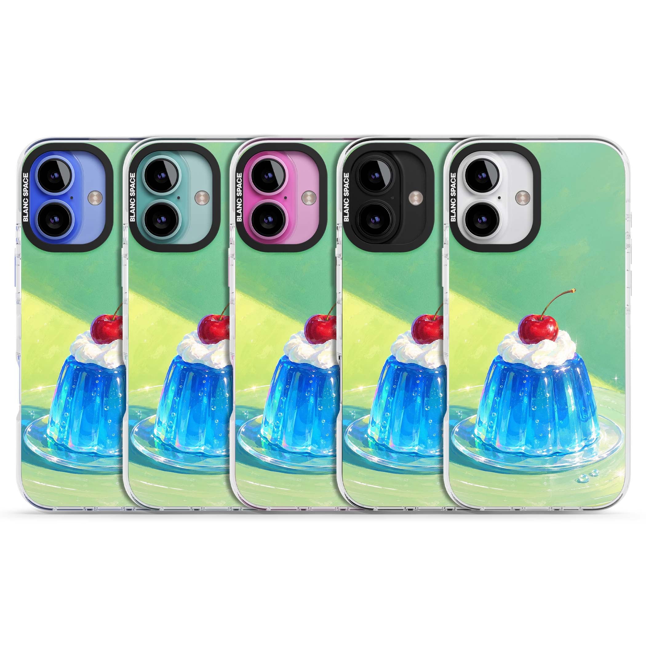 Cherry Jelly kawaii dessert iPhone case featuring blue jelly pudding, whipped cream and a red cherry | Clear Impact case for iPhone 16, iPhone 16 Plus