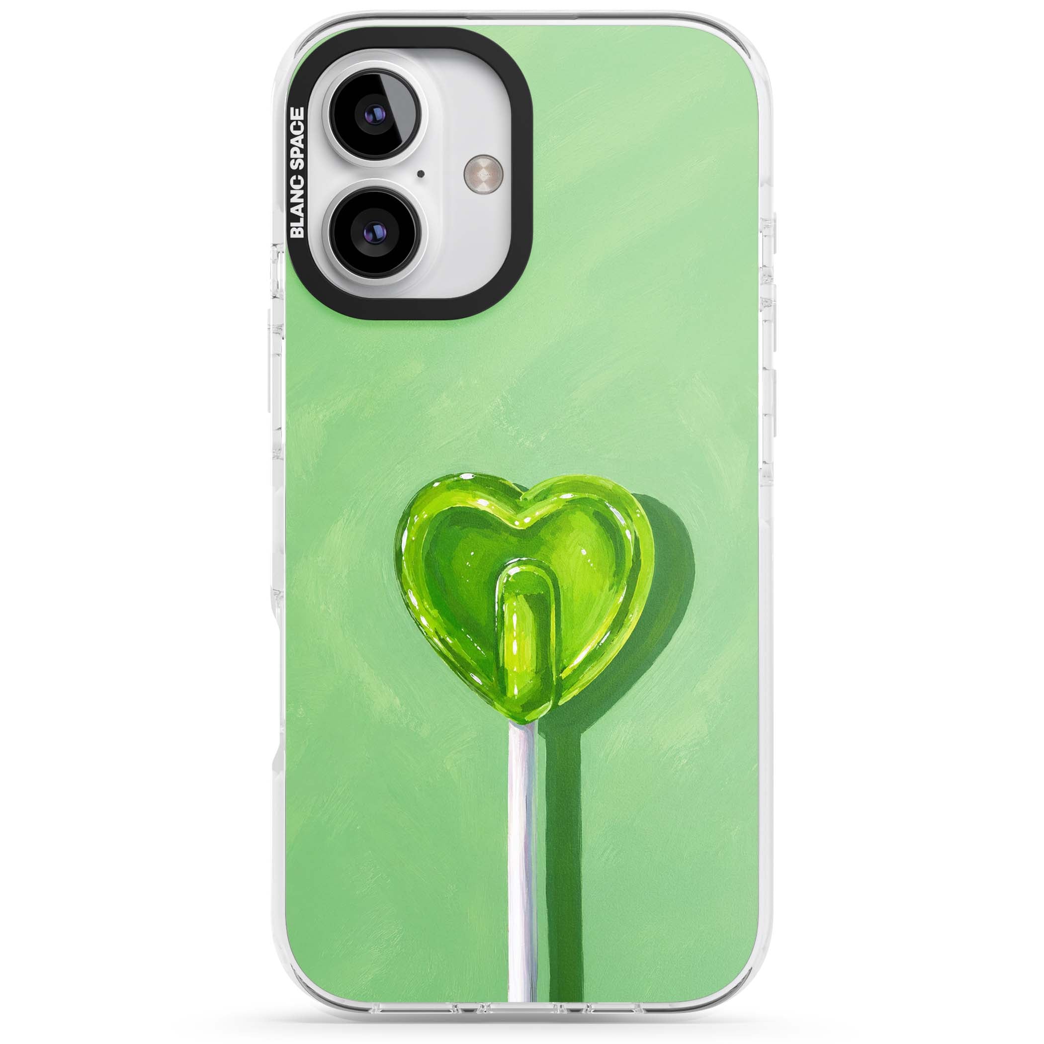 Green Lollipop candy art iPhone case featuring a glossy green heart-shaped lollipop on a painted pastel green background | Clear Impact case for iPhone 16, iPhone 16 Plus