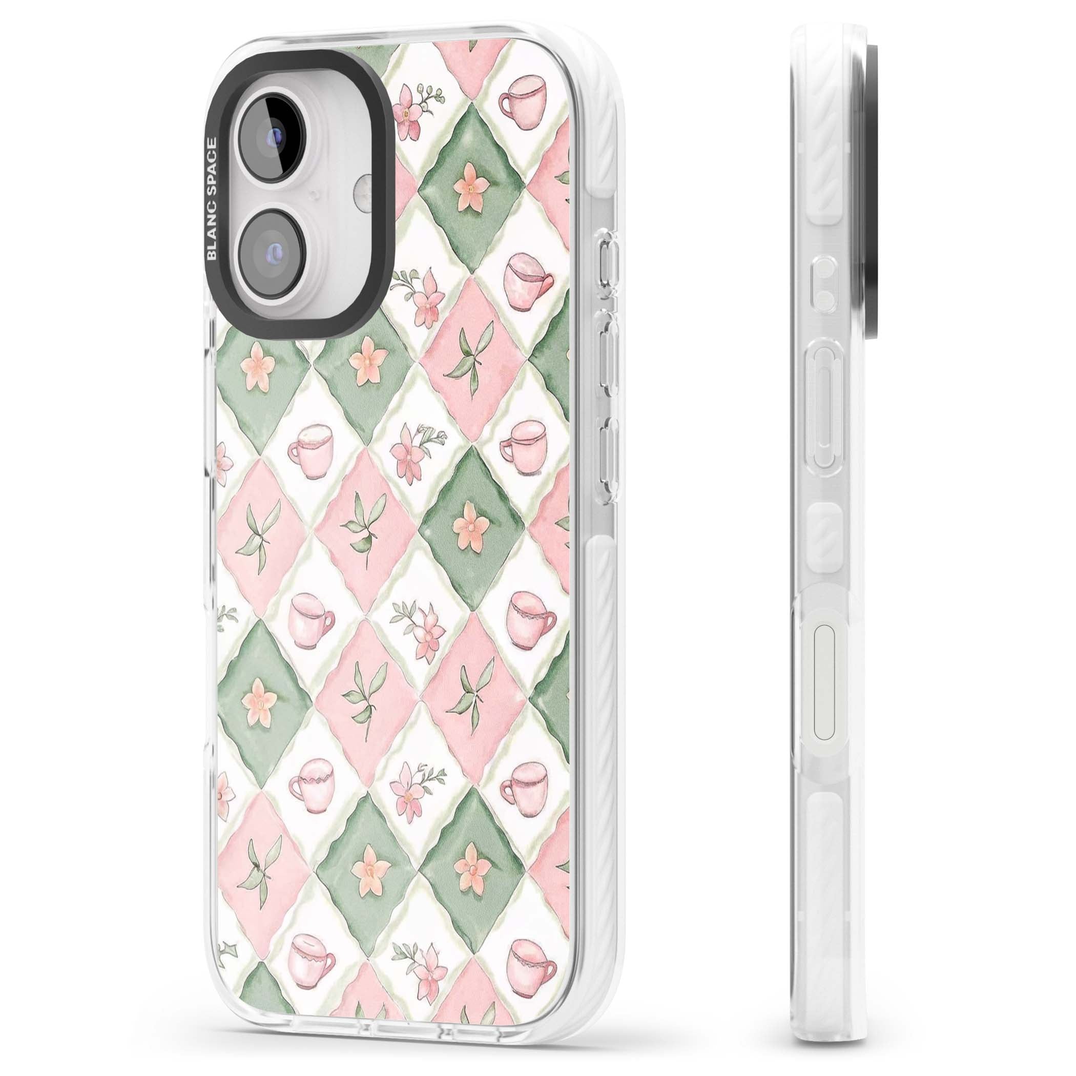 Garden Tea Party coquette iPhone case with pink and green checkered pattern, watercolour teacups and wildflowers | Clear Impact case for iPhone 16, iPhone 16 Plus