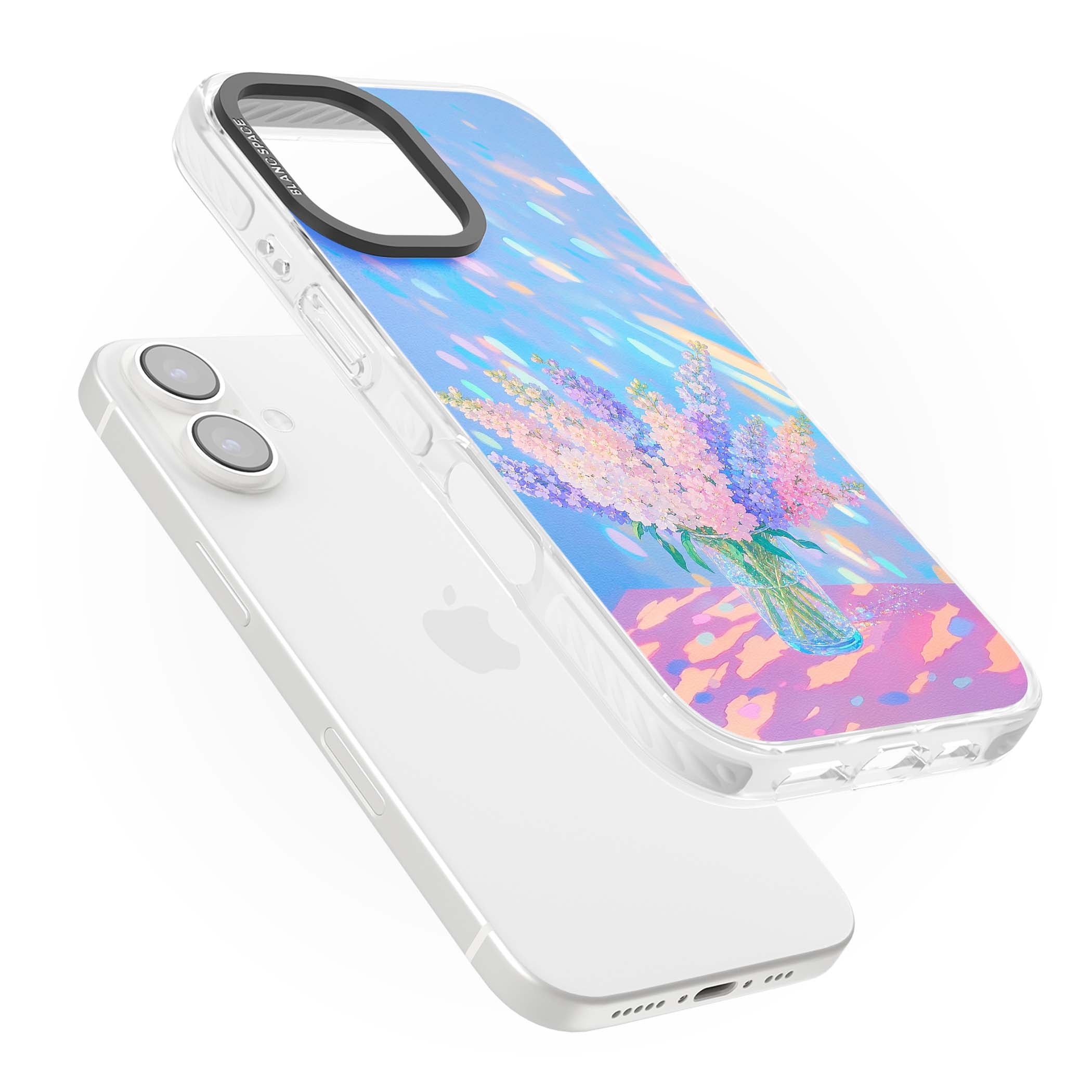 Bubblegum Flowers floral iPhone case featuring pastel lilac and pink bouquet in a glass vase with iridescent light | Clear Impact case for iPhone 16, iPhone 16 Plus