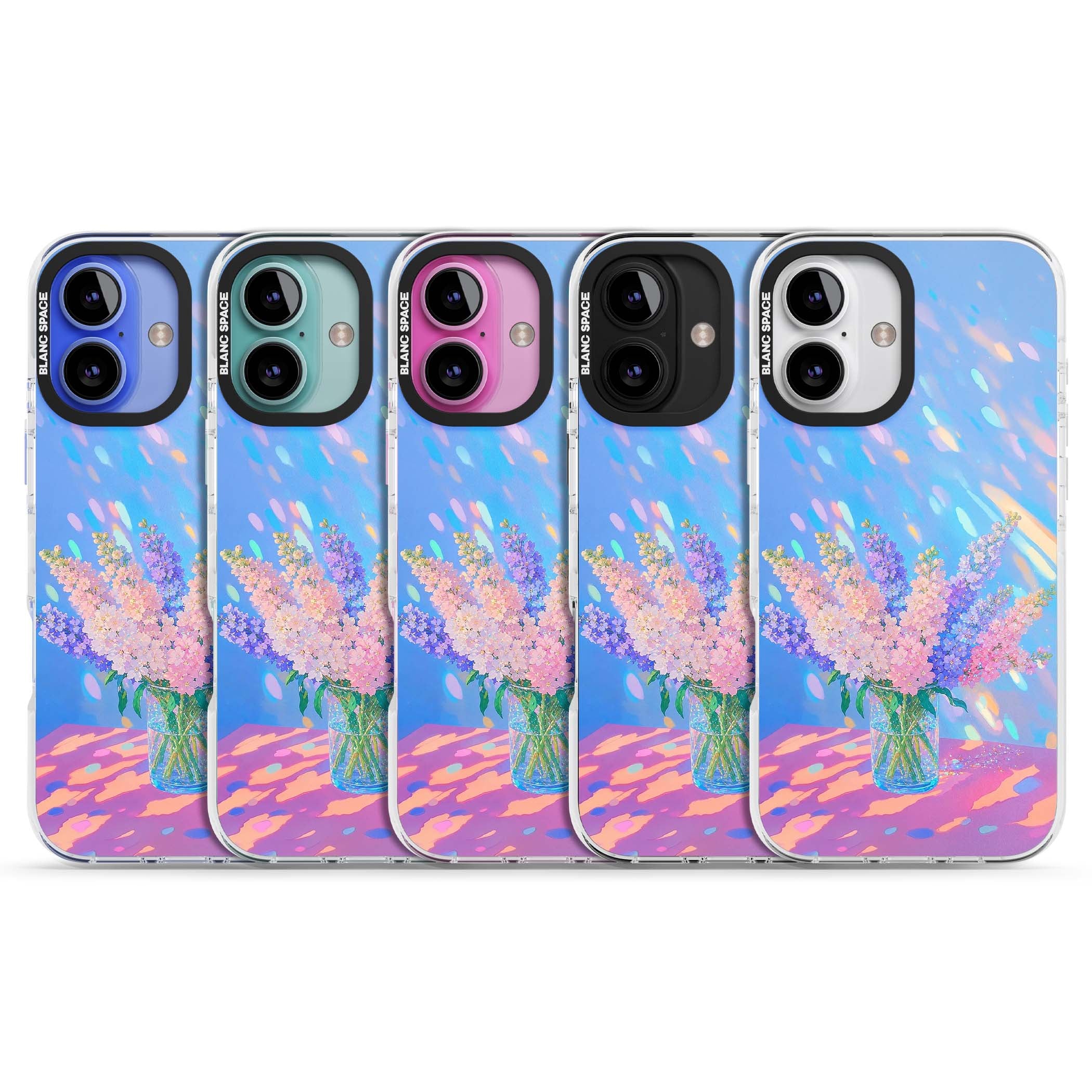 Bubblegum Flowers floral iPhone case featuring pastel lilac and pink bouquet in a glass vase with iridescent light | Clear Impact case for iPhone 16, iPhone 16 Plus