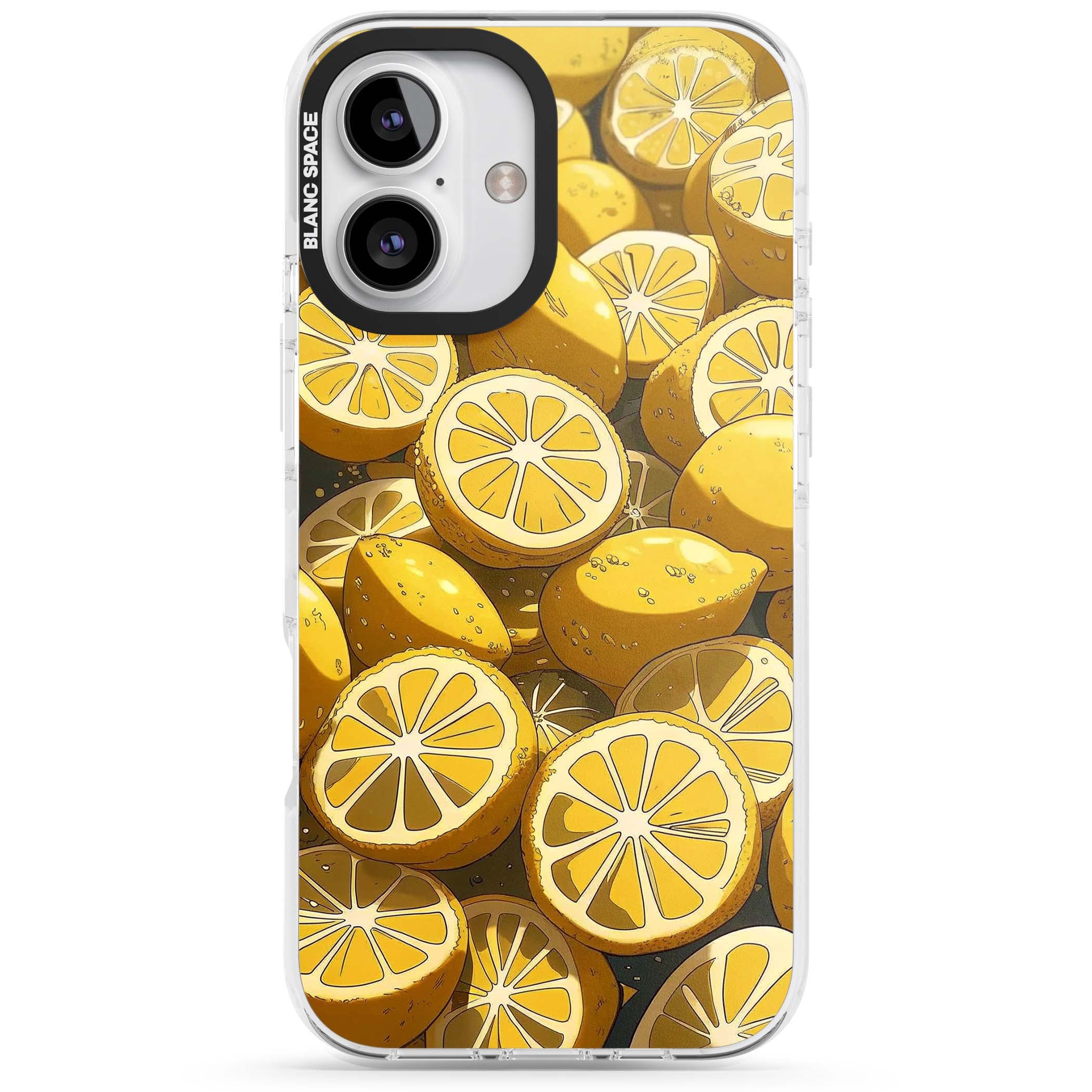 Zesty coastal iPhone case featuring illustrated Mediterranean lemons and citrus slices in golden yellow | Clear Impact case for iPhone 16, iPhone 16 Plus