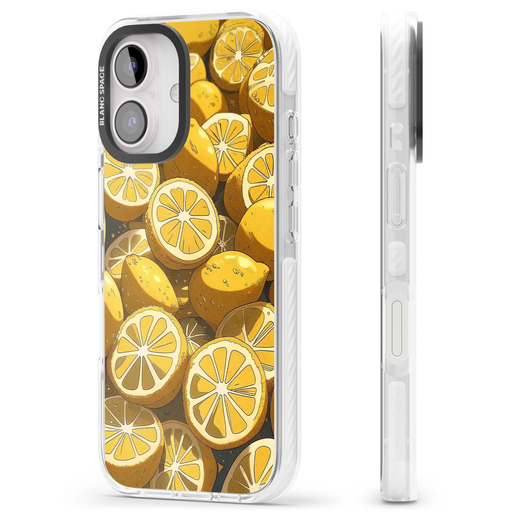 Zesty coastal iPhone case featuring illustrated Mediterranean lemons and citrus slices in golden yellow | Clear Impact case for iPhone 16, iPhone 16 Plus