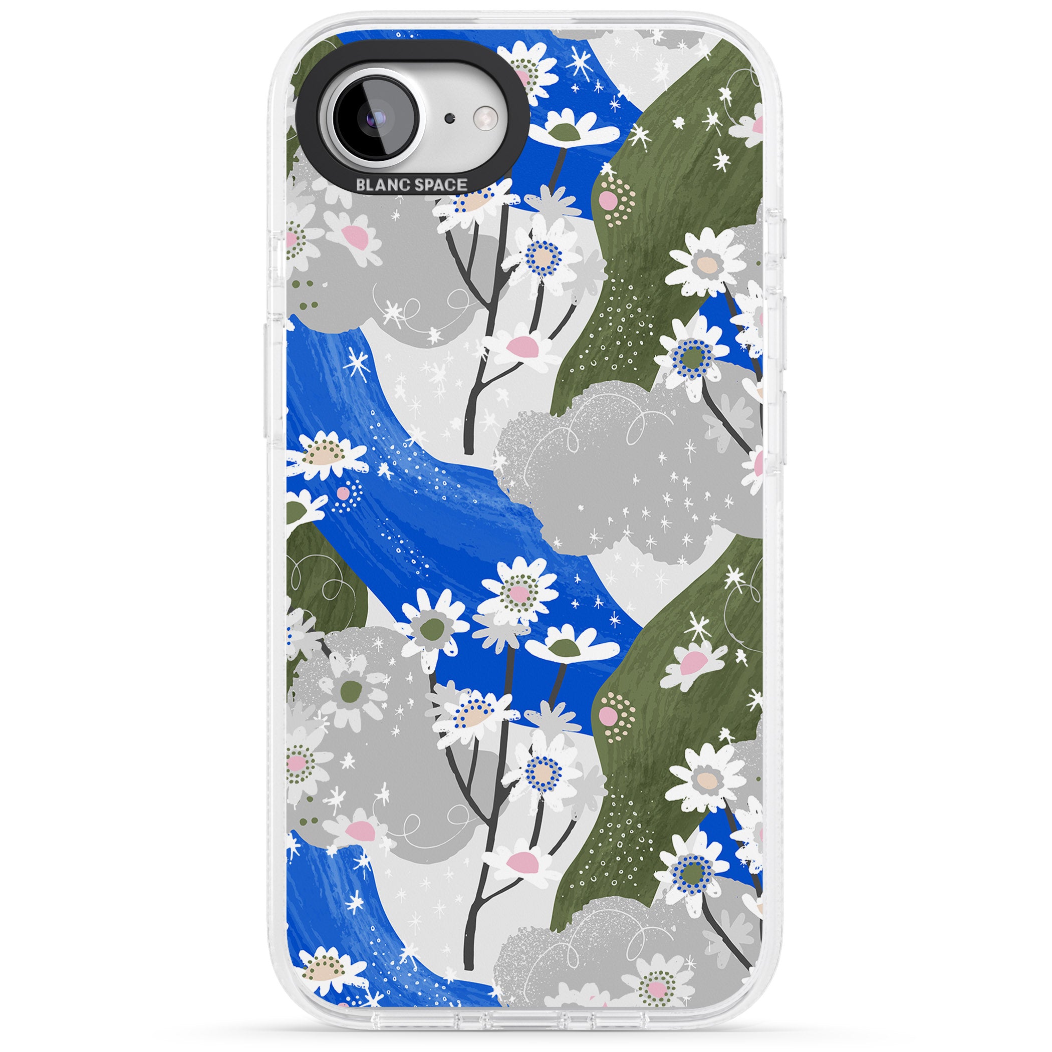 Blue & Grey Daisies Pattern iPhone 16e Clear Case Impact Air - Blanc Space
