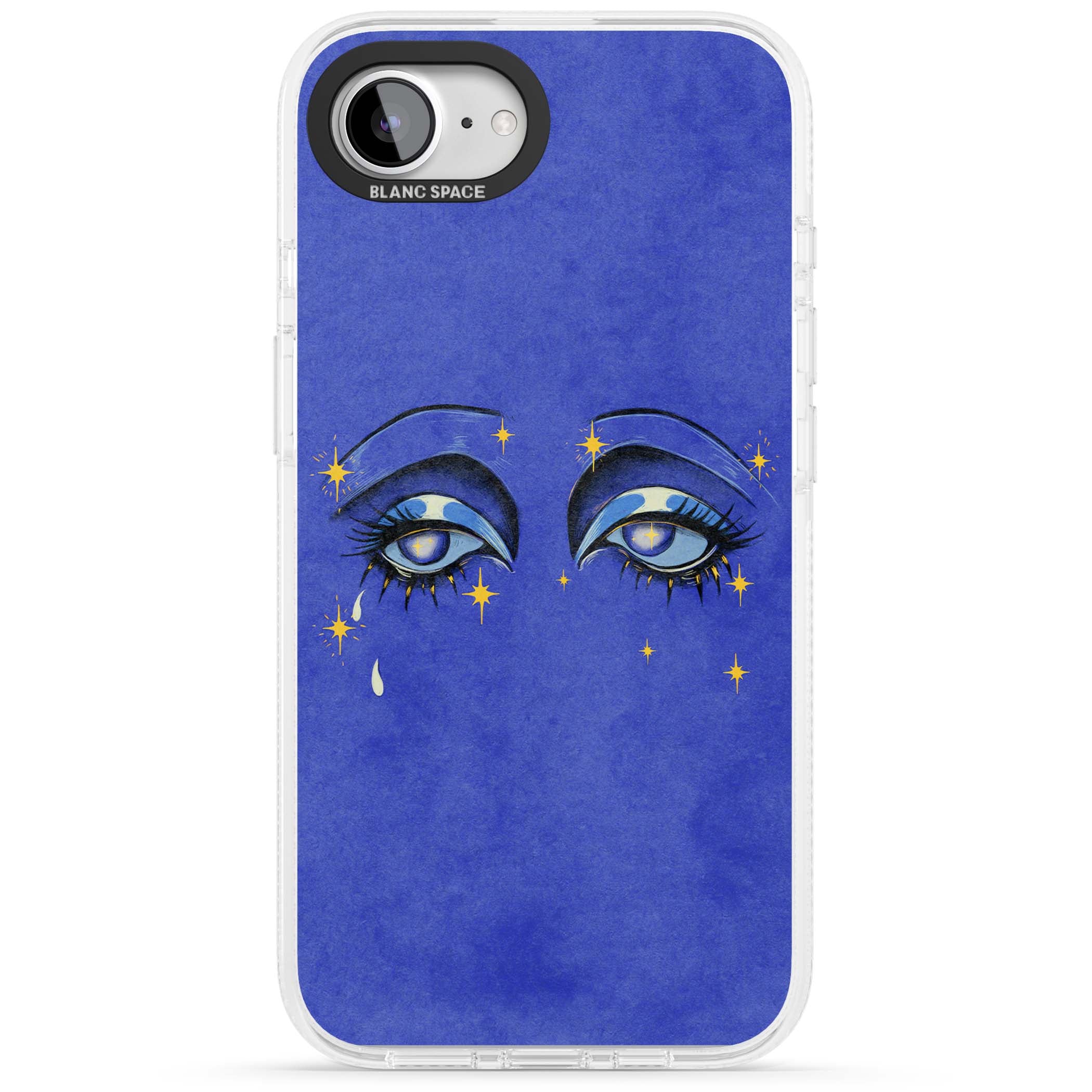 Blue Mystic Eyes celestial iPhone case featuring hand drawn blue mystical eyes, golden stars and a painted tear on indigo | Clear Case Impact Air case for iPhone 16e, iPhone 17e