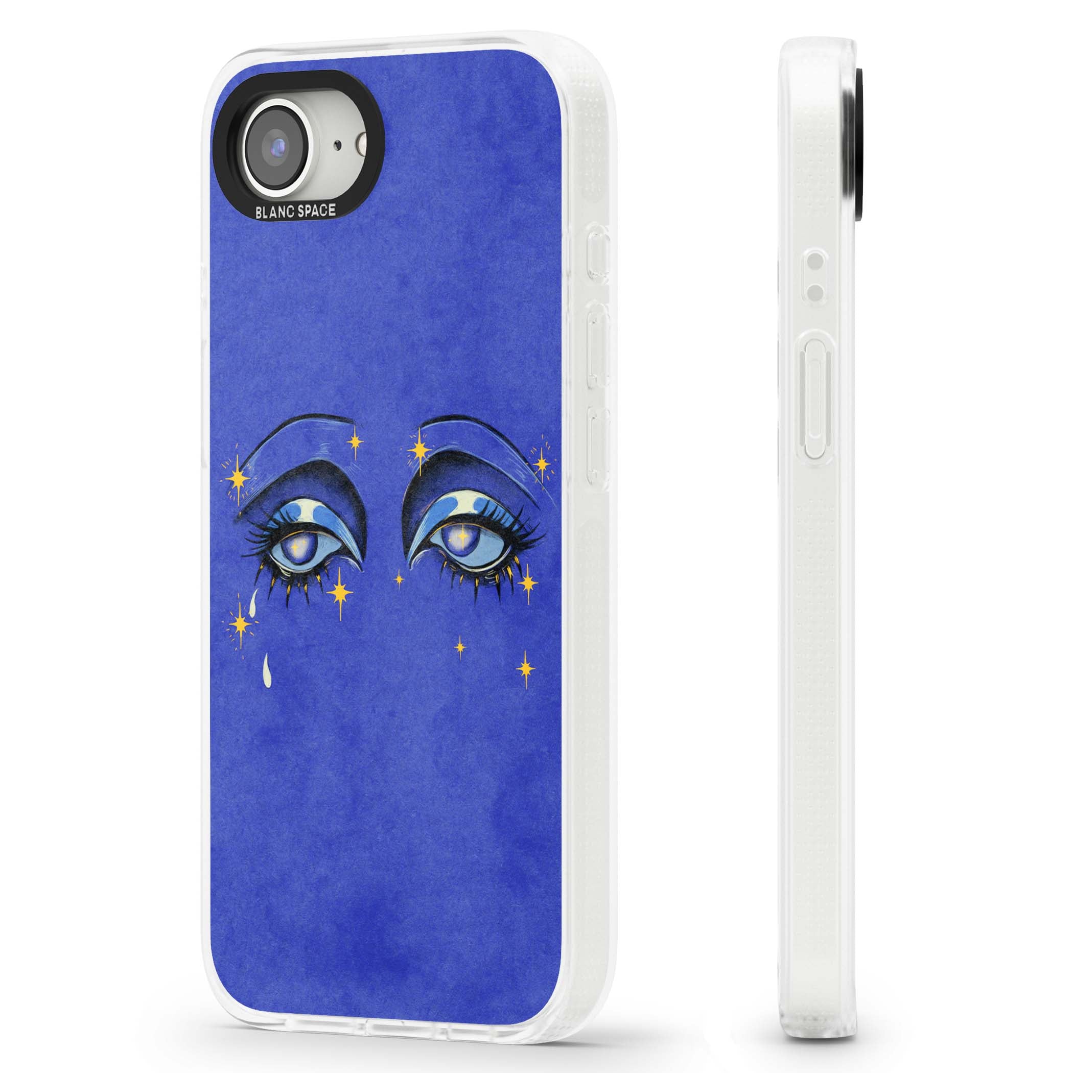 Blue Mystic Eyes celestial iPhone case featuring hand drawn blue mystical eyes, golden stars and a painted tear on indigo | Clear Case Impact Air case for iPhone 16e, iPhone 17e