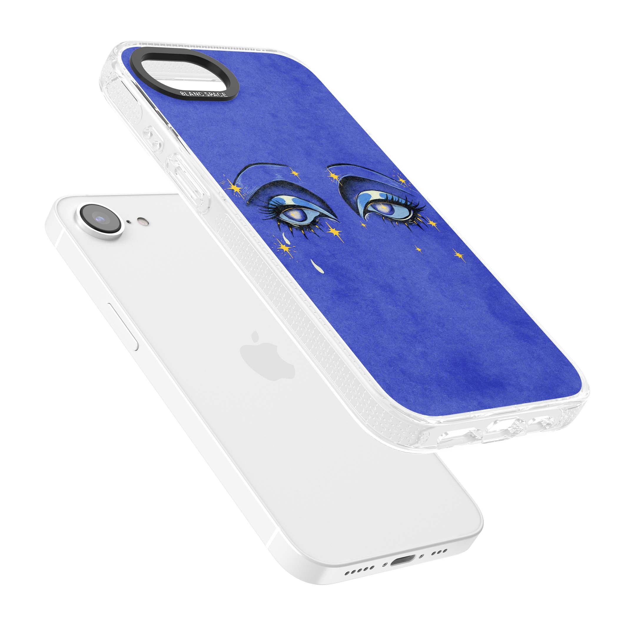 Blue Mystic Eyes celestial iPhone case featuring hand drawn blue mystical eyes, golden stars and a painted tear on indigo | Clear Case Impact Air case for iPhone 16e, iPhone 17e