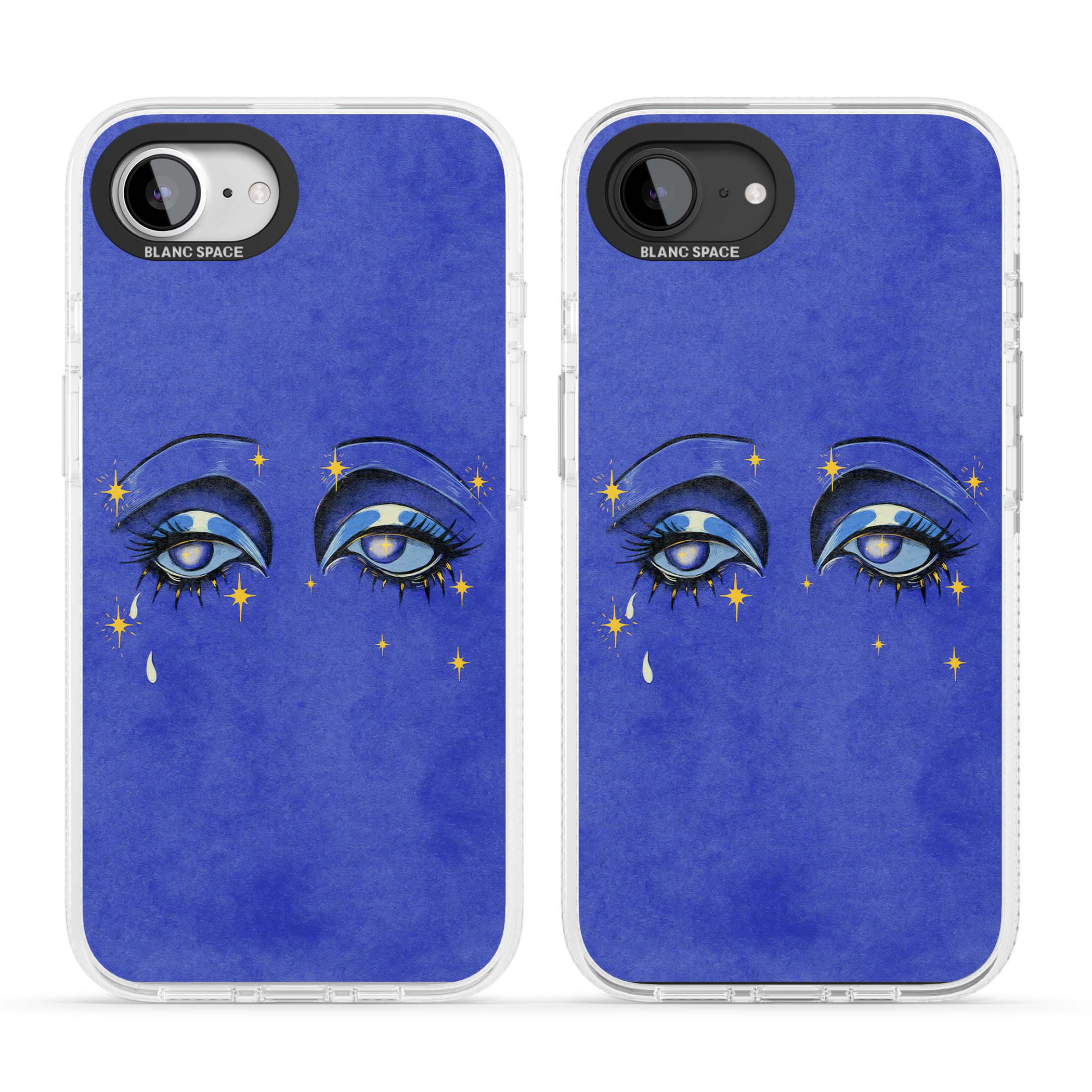 Blue Mystic Eyes celestial iPhone case featuring hand drawn blue mystical eyes, golden stars and a painted tear on indigo | Clear Case Impact Air case for iPhone 16e, iPhone 17e