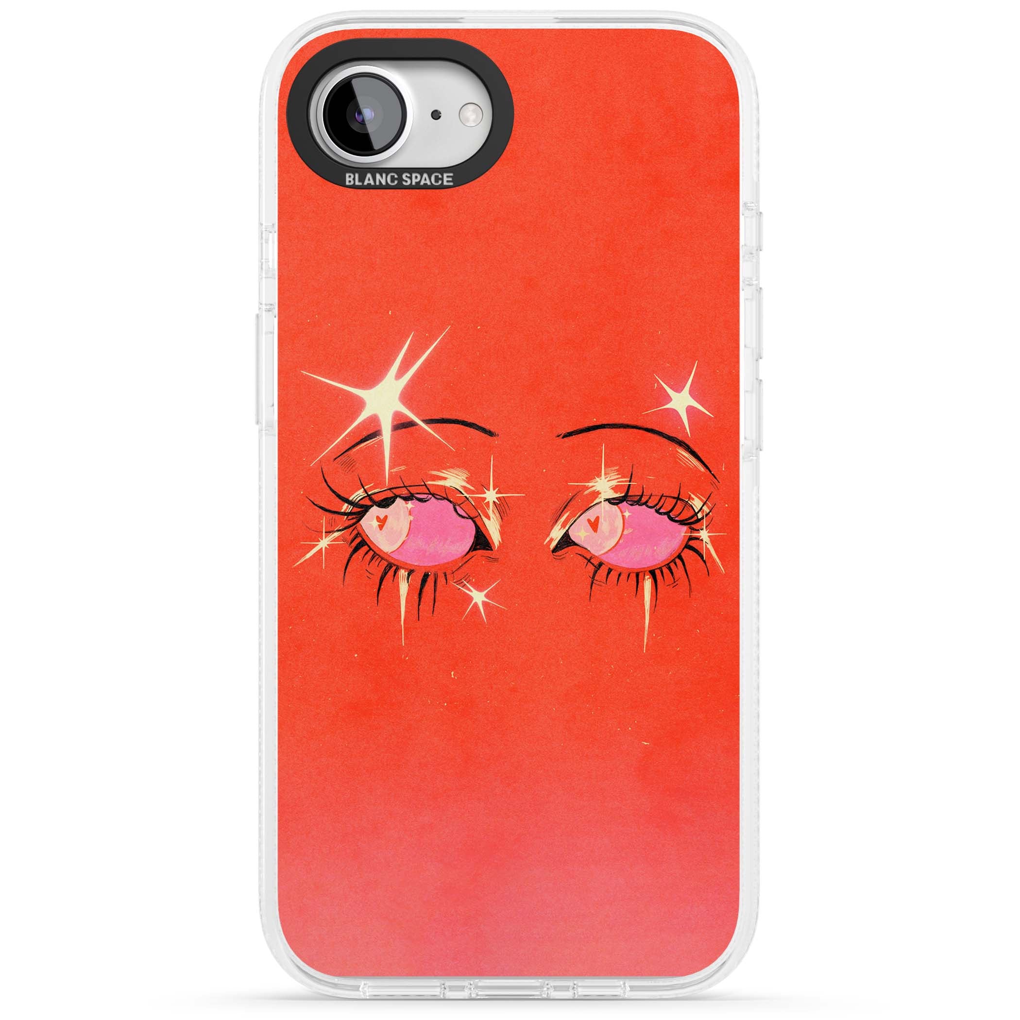 Pink Ethereal Eyes anime iPhone case featuring hand-drawn sparkly eyes with pink hearts and gold stars on red | Clear Case Impact Air case for iPhone 16e, iPhone 17e
