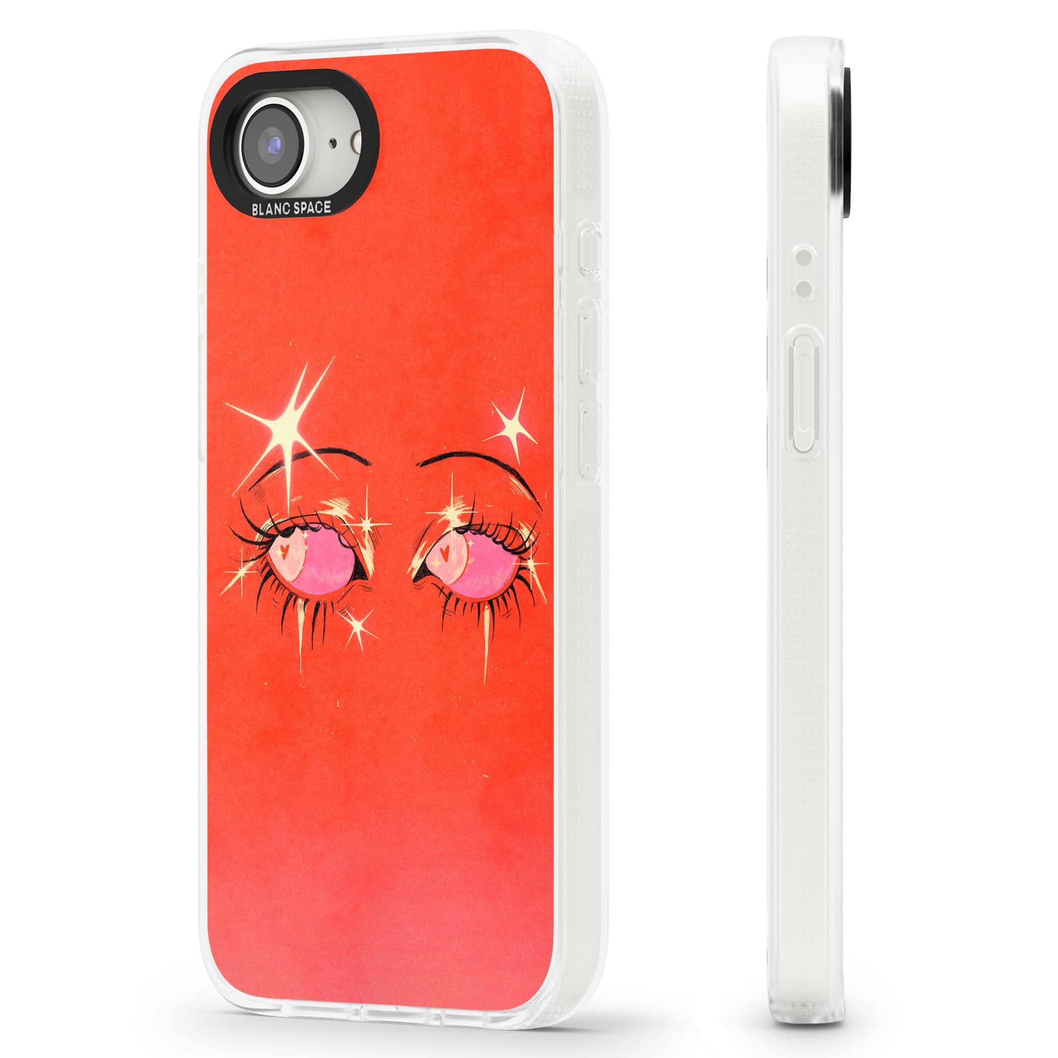 Pink Ethereal Eyes anime iPhone case featuring hand-drawn sparkly eyes with pink hearts and gold stars on red | Clear Case Impact Air case for iPhone 16e, iPhone 17e