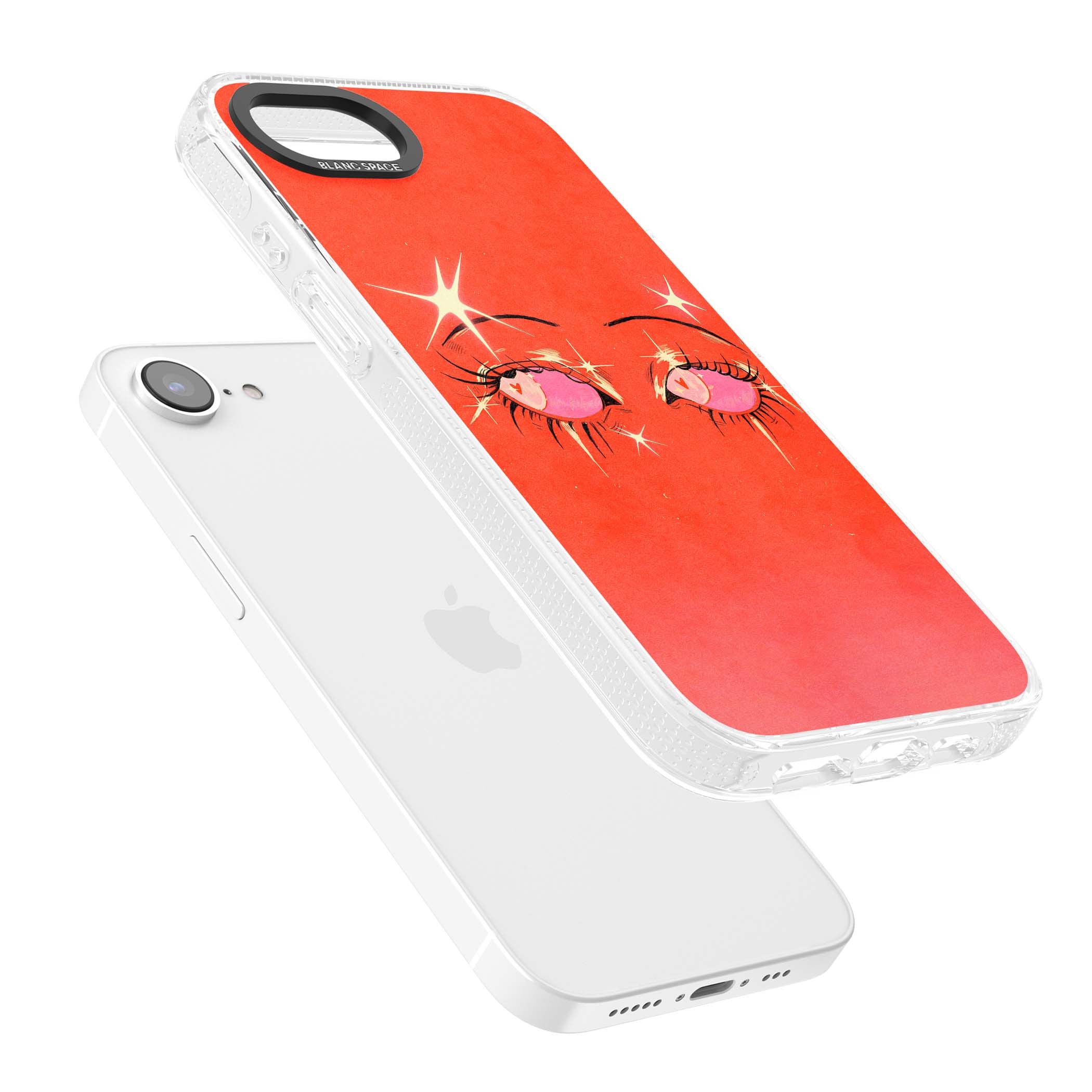 Pink Ethereal Eyes anime iPhone case featuring hand-drawn sparkly eyes with pink hearts and gold stars on red | Clear Case Impact Air case for iPhone 16e, iPhone 17e