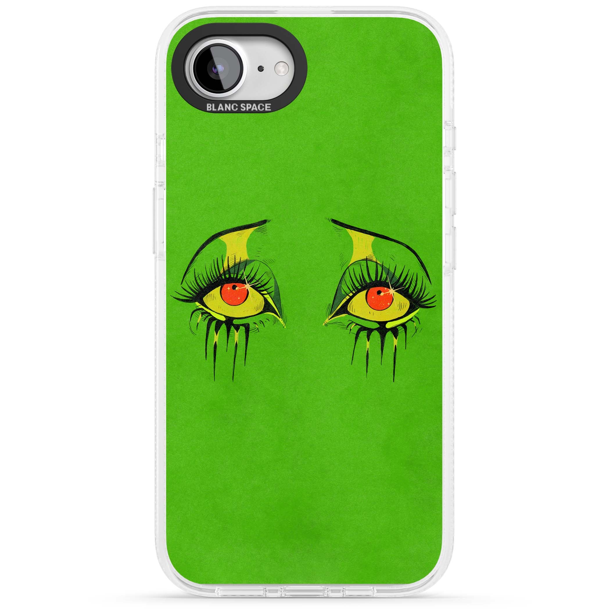 Green Enchanted Eyes psychedelic art iPhone case featuring hand-drawn dripping eyes on neon green background | Clear Case Impact Air case for iPhone 16e, iPhone 17e