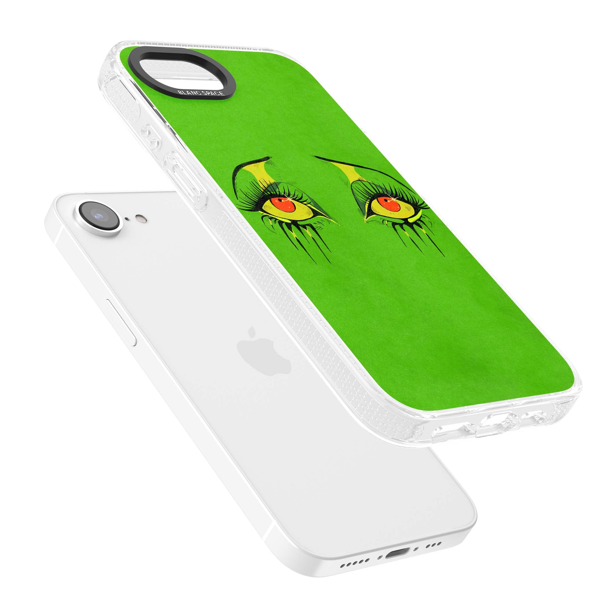 Green Enchanted Eyes psychedelic art iPhone case featuring hand-drawn dripping eyes on neon green background | Clear Case Impact Air case for iPhone 16e, iPhone 17e