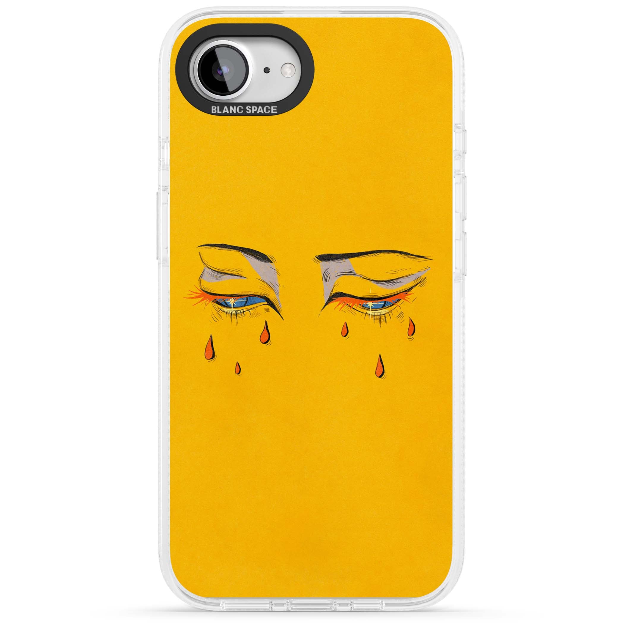Yellow Tearful Eyes indie iPhone case featuring hand-drawn crying eyes with orange tears on a yellow background | Clear Case Impact Air case for iPhone 16e, iPhone 17e