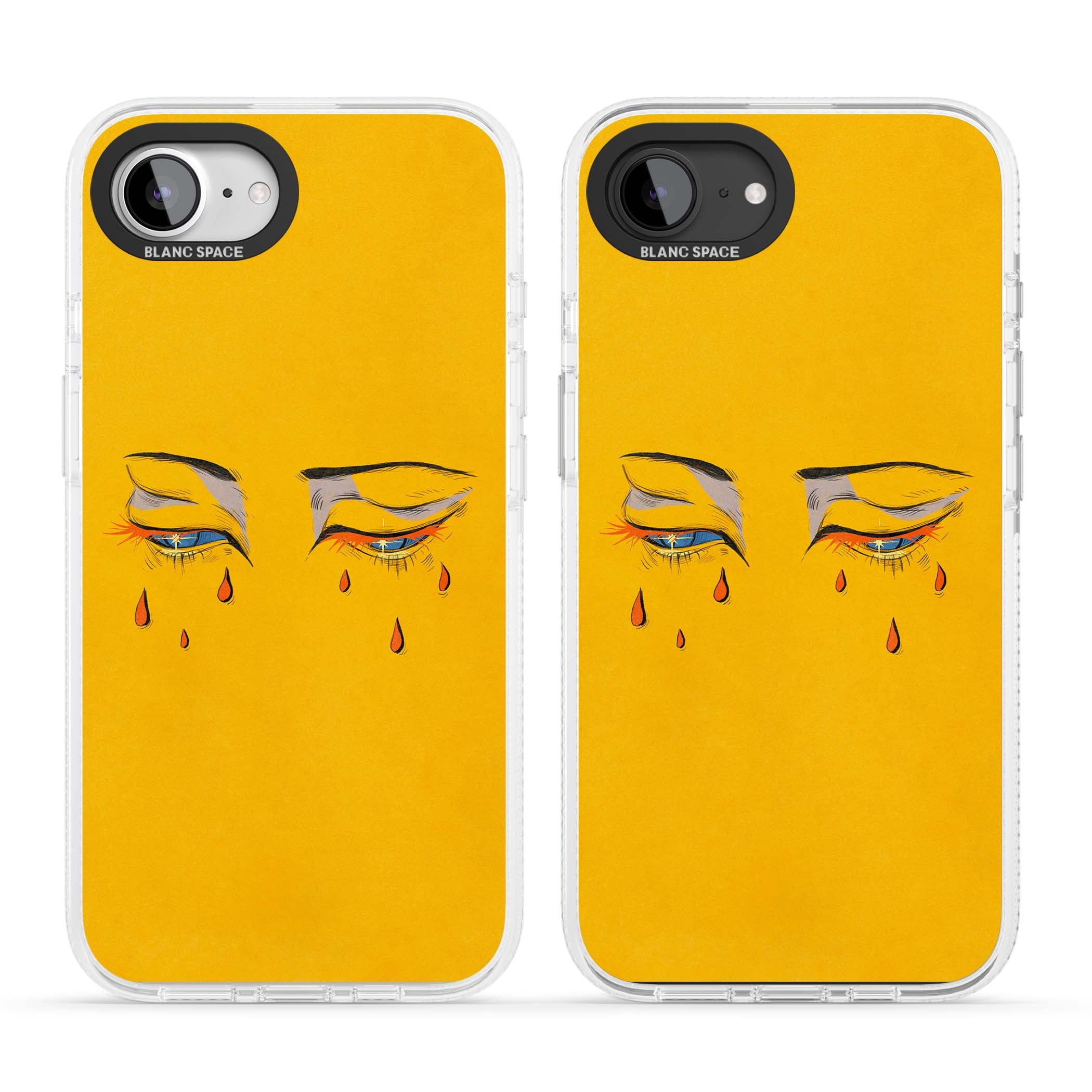 Yellow Tearful Eyes indie iPhone case featuring hand-drawn crying eyes with orange tears on a yellow background | Clear Case Impact Air case for iPhone 16e, iPhone 17e