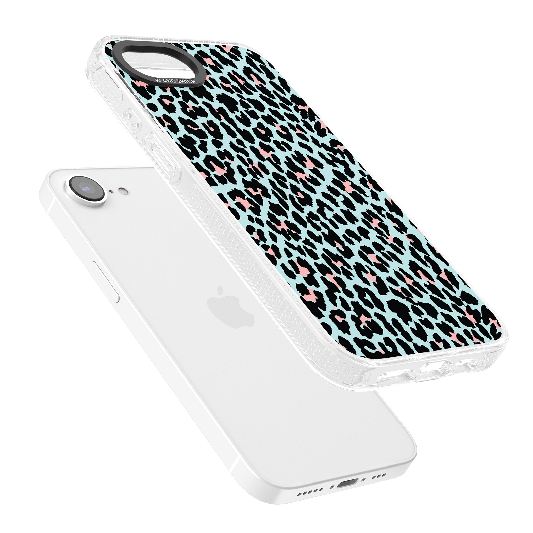 Light Pink on Blue Leopard Print Pattern iPhone 16e Clear Case Impact Air - Blanc Space