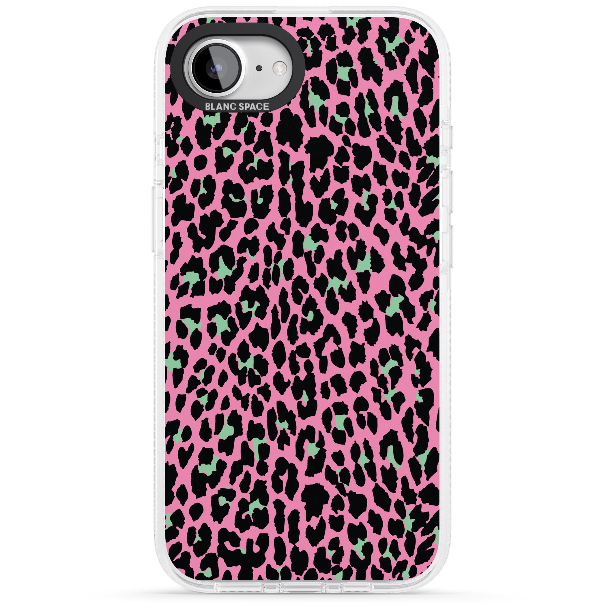 Green on Pink Leopard Print Pattern iPhone 16e Clear Case Impact Air - Blanc Space