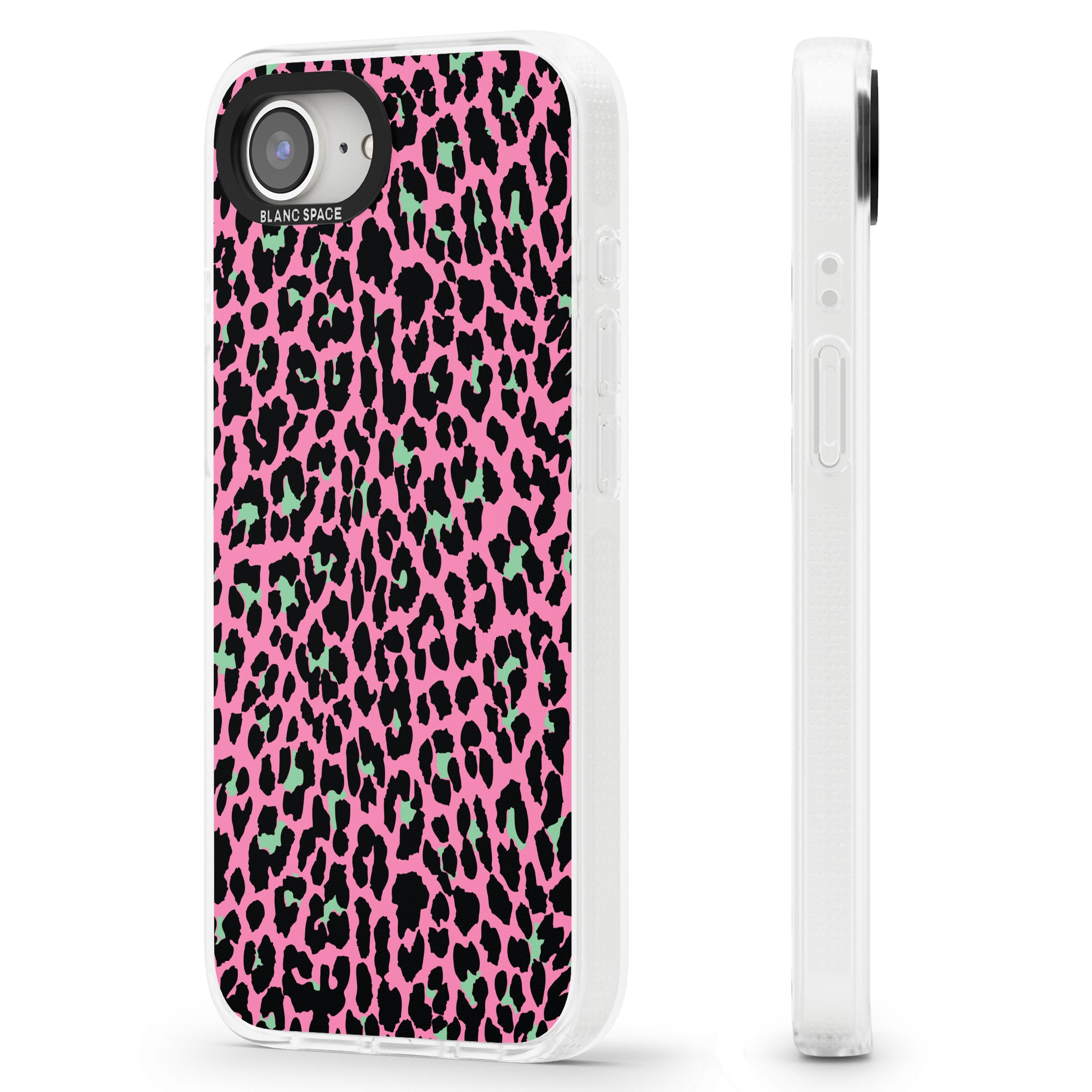 Green on Pink Leopard Print Pattern iPhone 16e Clear Case Impact Air - Blanc Space