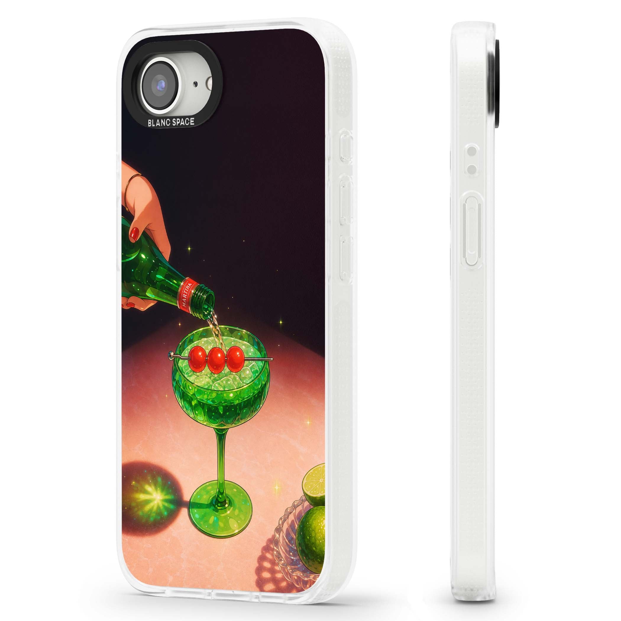 Absinthe Hour cocktail iPhone case featuring a green coupe glass, cherry garnish and vintage bottle pour illustration | Clear Case Impact Air case for iPhone 16e, iPhone 17e