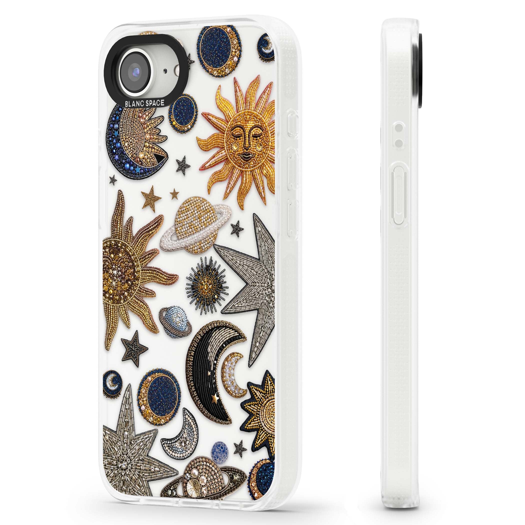Beaded Cosmos celestial iPhone case featuring embroidered golden suns, beaded planets and silver shooting stars | Clear Case Impact Air case for iPhone 16e, iPhone 17e