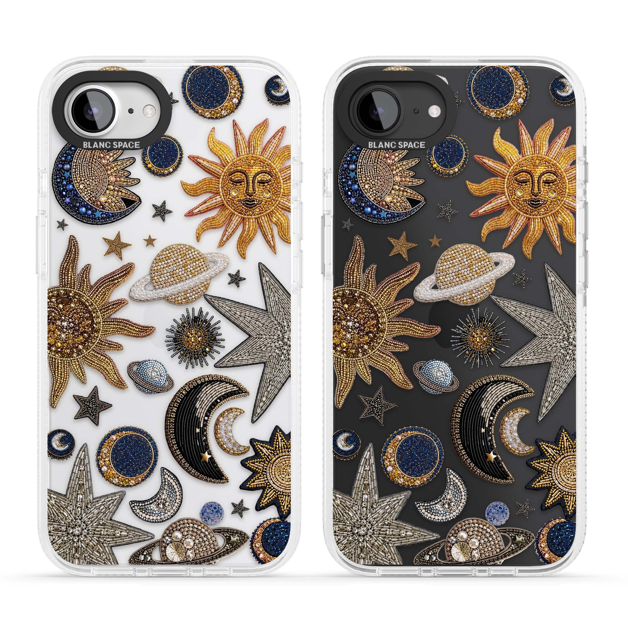 Beaded Cosmos celestial iPhone case featuring embroidered golden suns, beaded planets and silver shooting stars | Clear Case Impact Air case for iPhone 16e, iPhone 17e