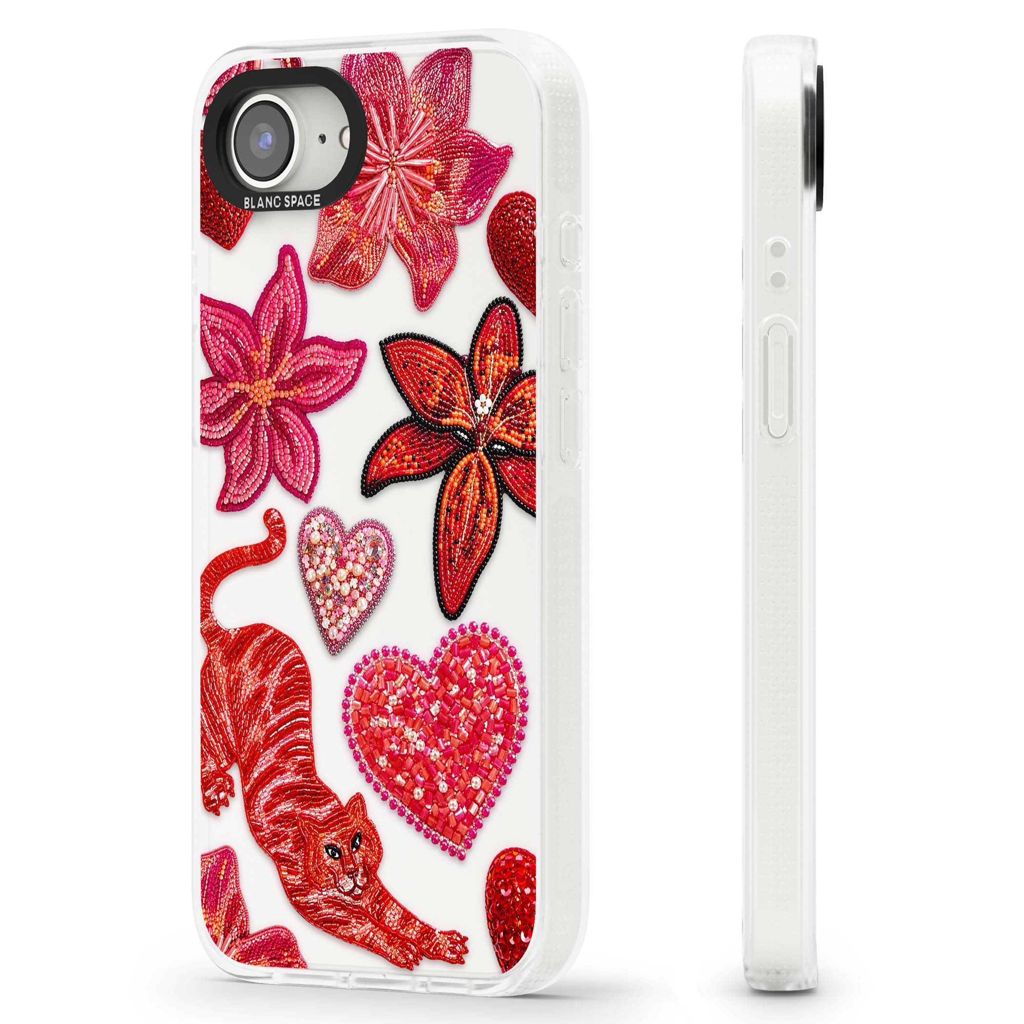 Beaded Boho floral iPhone case featuring beaded red lilies, a stitched tiger, and pearl-encrusted hearts on clear | Clear Case Impact Air case for iPhone 16e, iPhone 17e