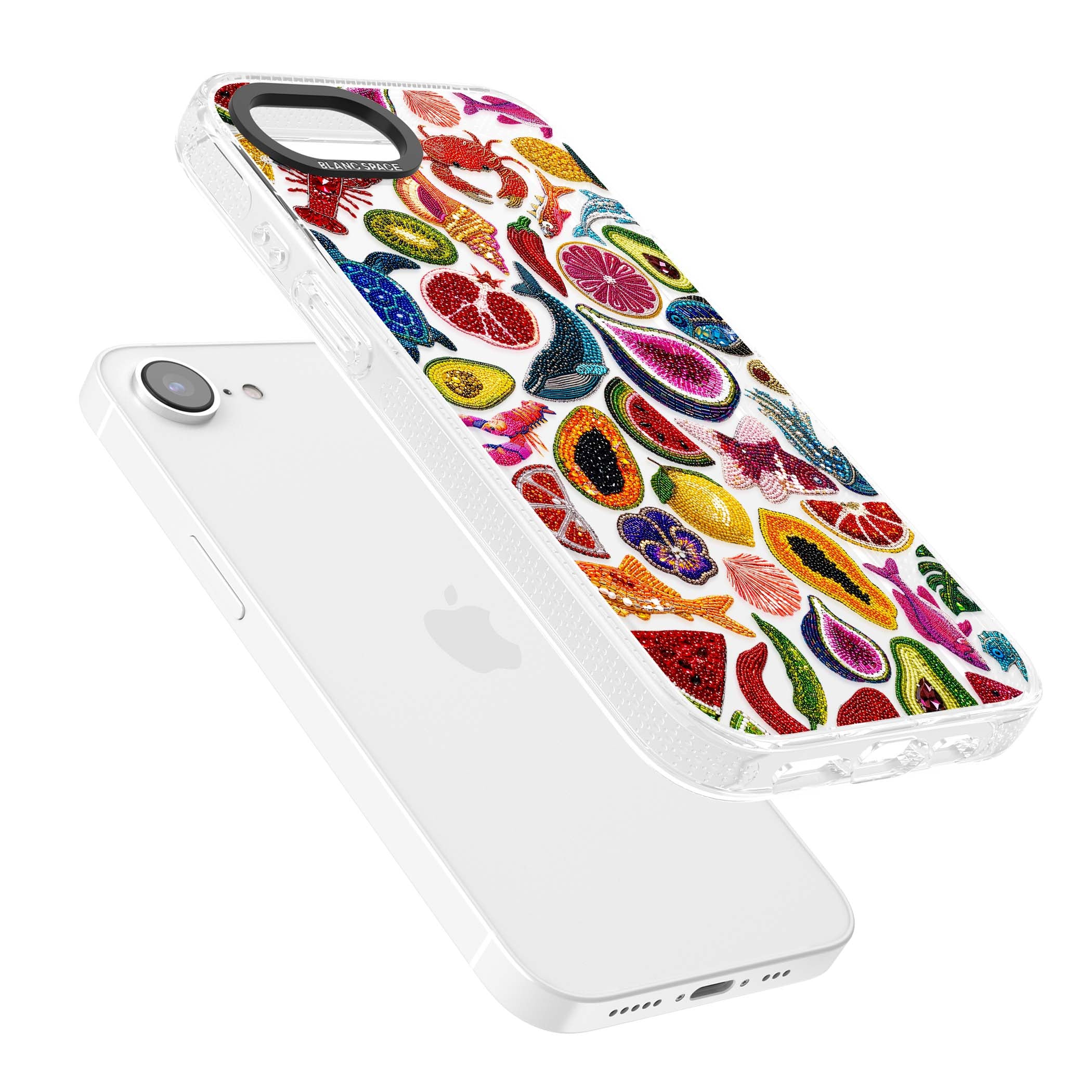 Beaded Tropic tropical iPhone case featuring beaded fruit, fish, crabs and seashells in vibrant colour | Clear Case Impact Air case for iPhone 16e, iPhone 17e