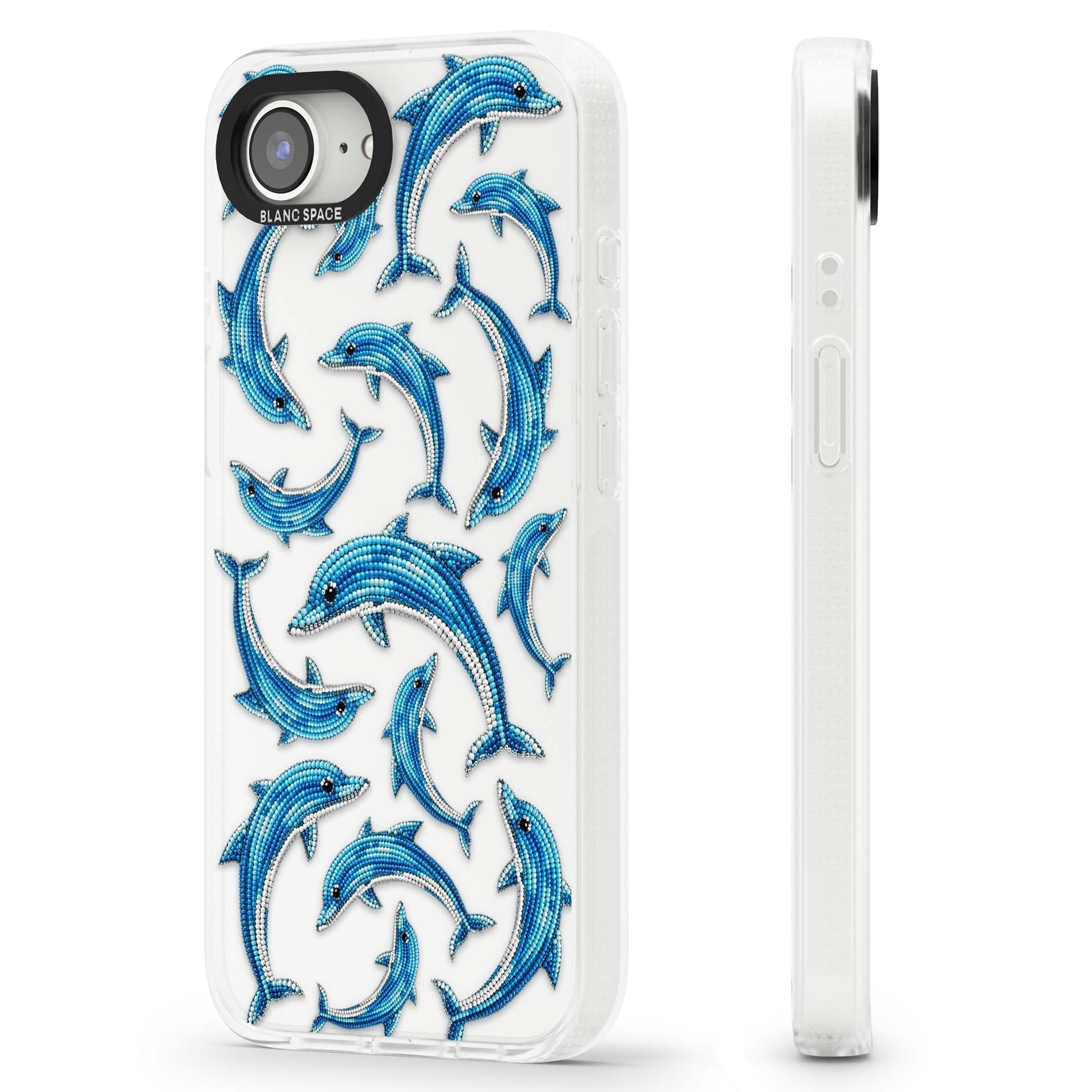 Beaded Dolphins coastal iPhone case featuring beaded dolphins in blue and white swimming across a clear background | Clear Case Impact Air case for iPhone 16e, iPhone 17e