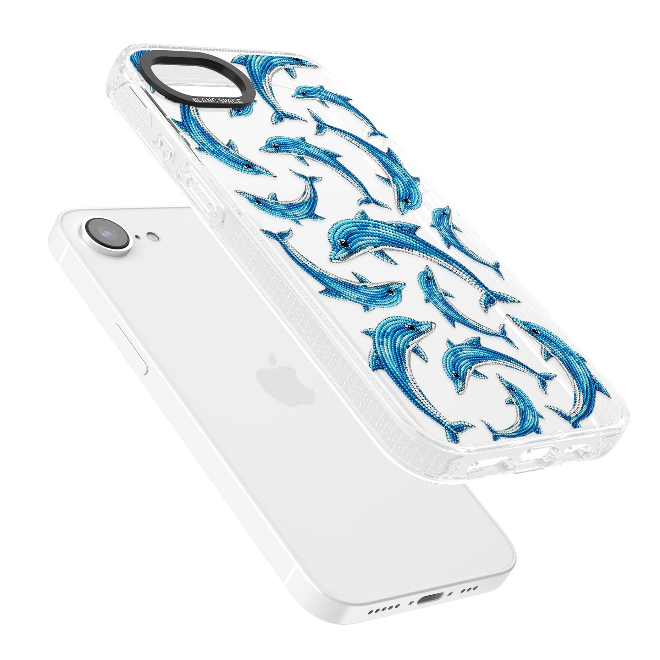 Beaded Dolphins coastal iPhone case featuring beaded dolphins in blue and white swimming across a clear background | Clear Case Impact Air case for iPhone 16e, iPhone 17e