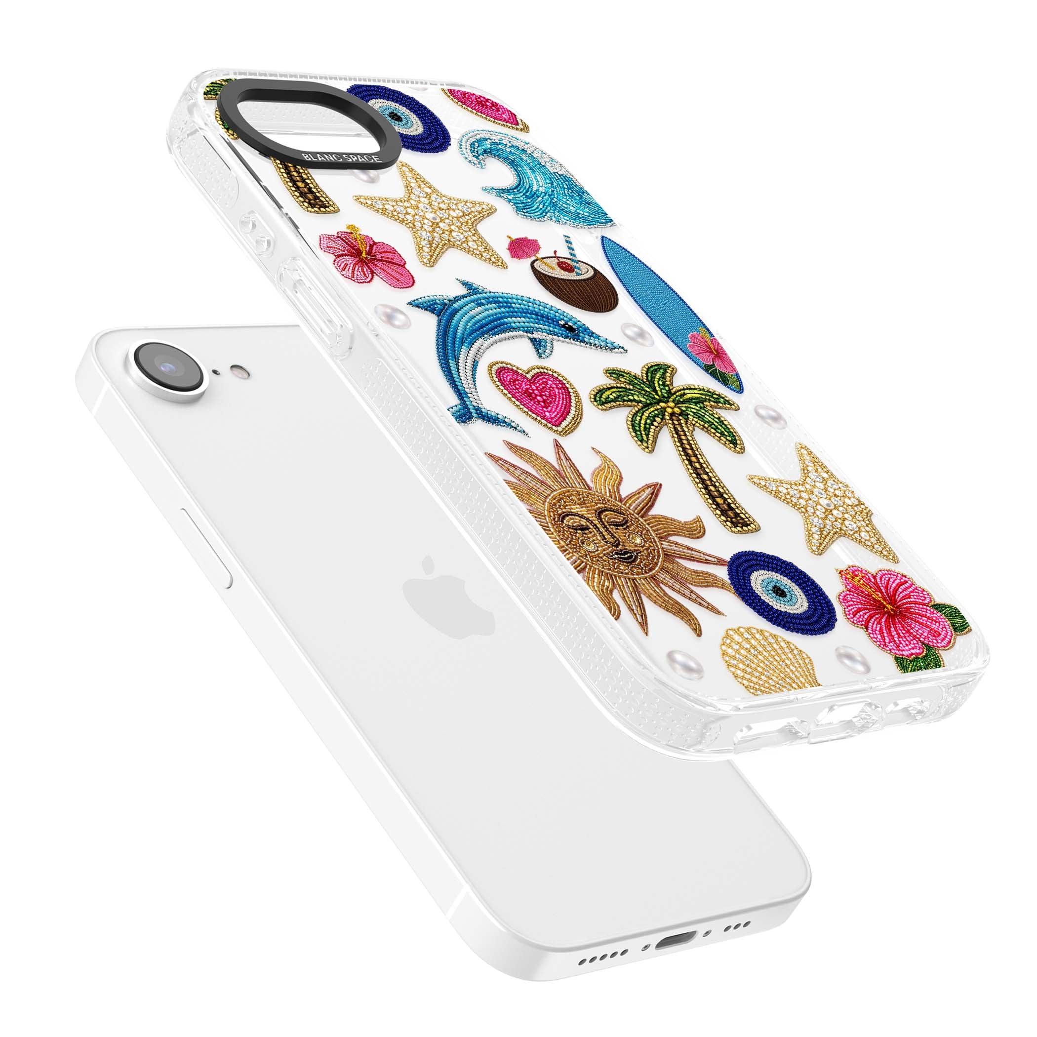 Beaded Beach coastal summer iPhone case featuring embroidered evil eye, hibiscus flowers, dolphin and palm tree patches | Clear Case Impact Air case for iPhone 16e, iPhone 17e