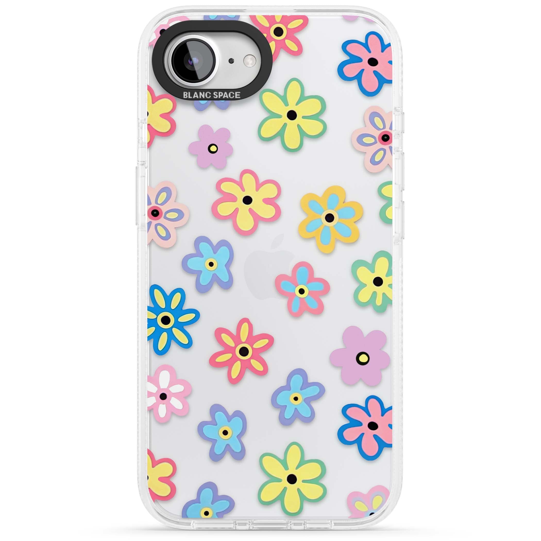 Bloom Pop cottagecore iPhone case featuring multicolor pastel flowers with black centers on clear background | Clear Case Impact Air case for iPhone 16e, iPhone 17e