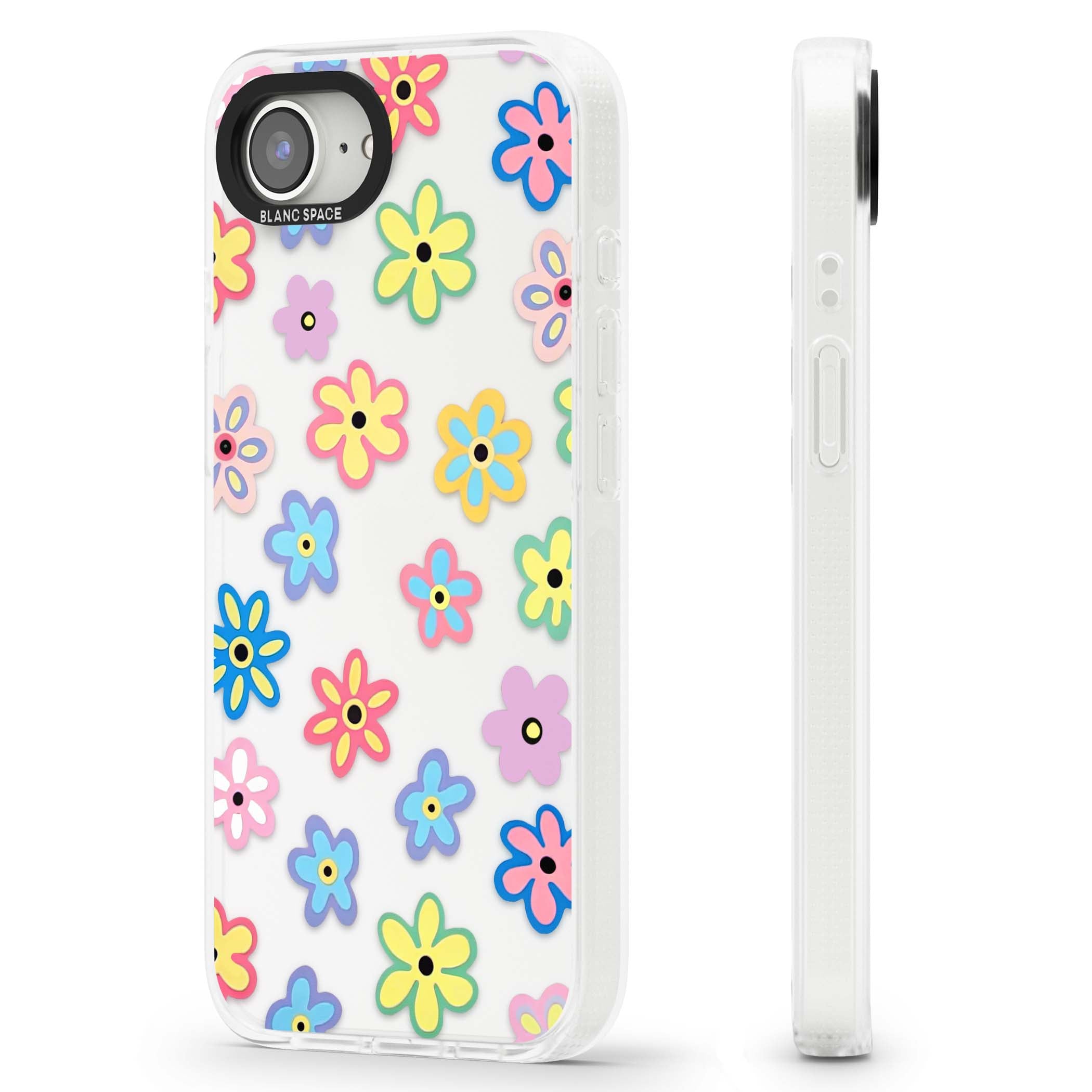 Bloom Pop cottagecore iPhone case featuring multicolor pastel flowers with black centers on clear background | Clear Case Impact Air case for iPhone 16e, iPhone 17e