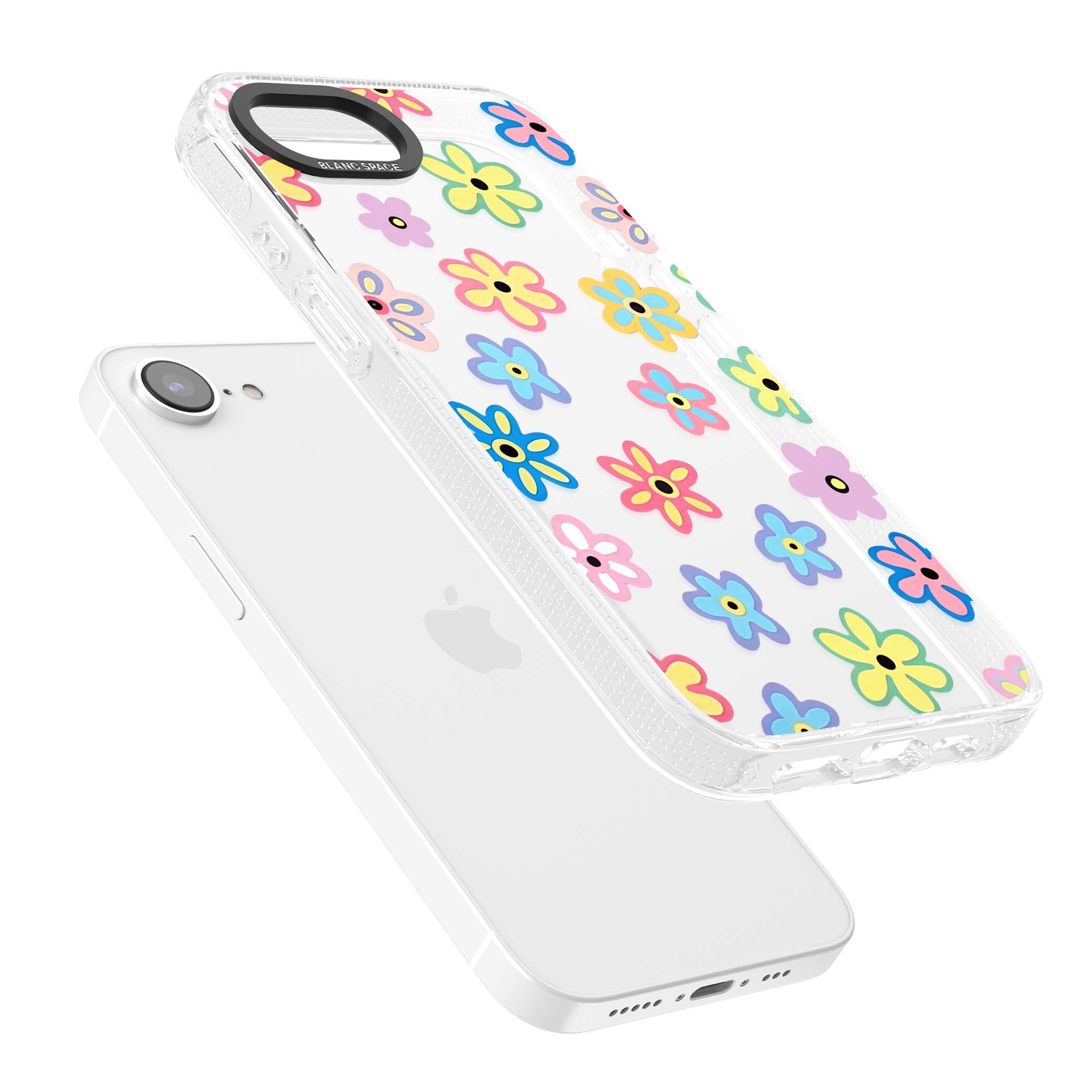 Bloom Pop cottagecore iPhone case featuring multicolor pastel flowers with black centers on clear background | Clear Case Impact Air case for iPhone 16e, iPhone 17e